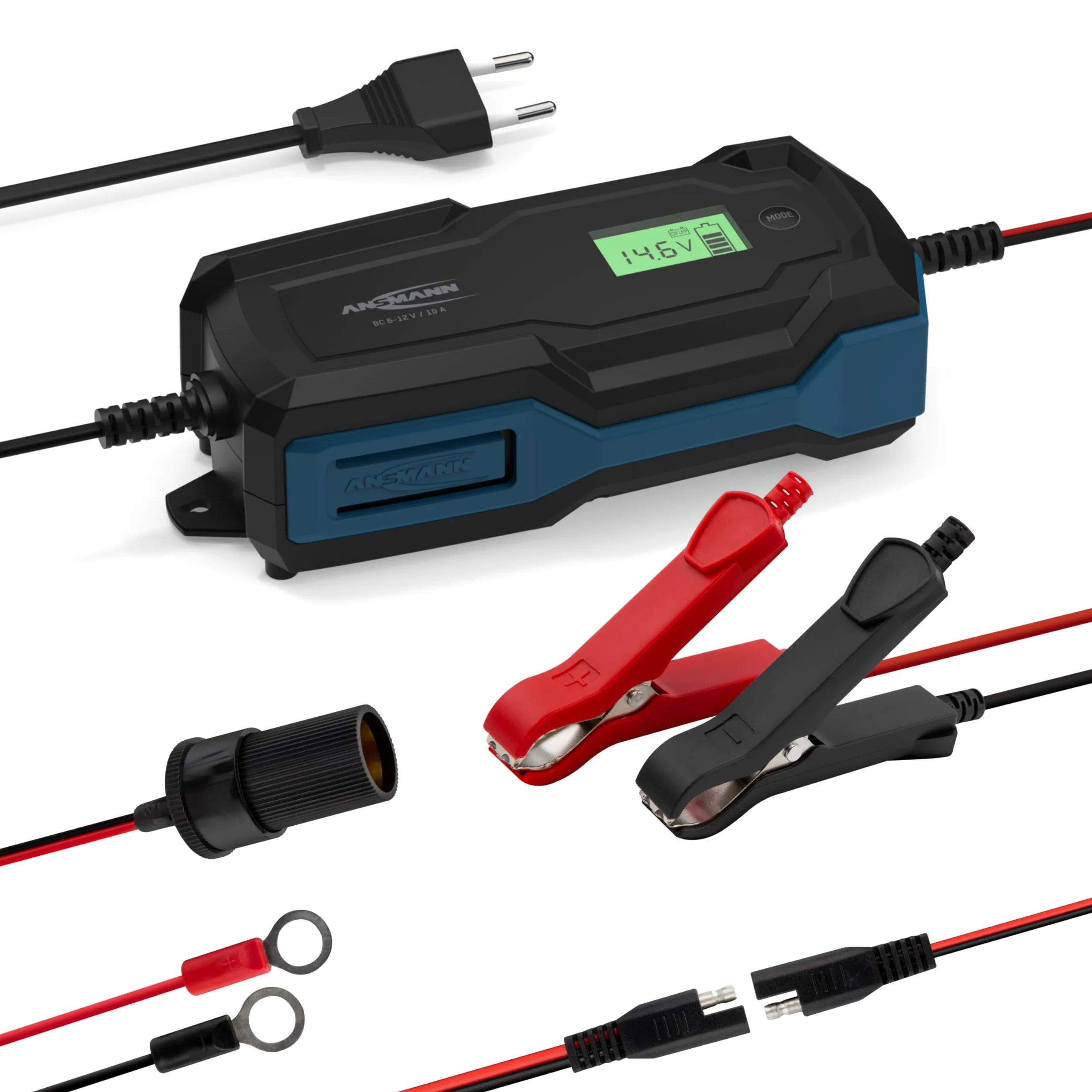 ANSMANN Caricabatterie intelligente a 10 fasi 6V 12V / 10A con display LCD per batterie al piombo-acido, piombo-gel e piombo-pile, nonché batterie LiFePo4 a 12V per auto, moto e furgoni