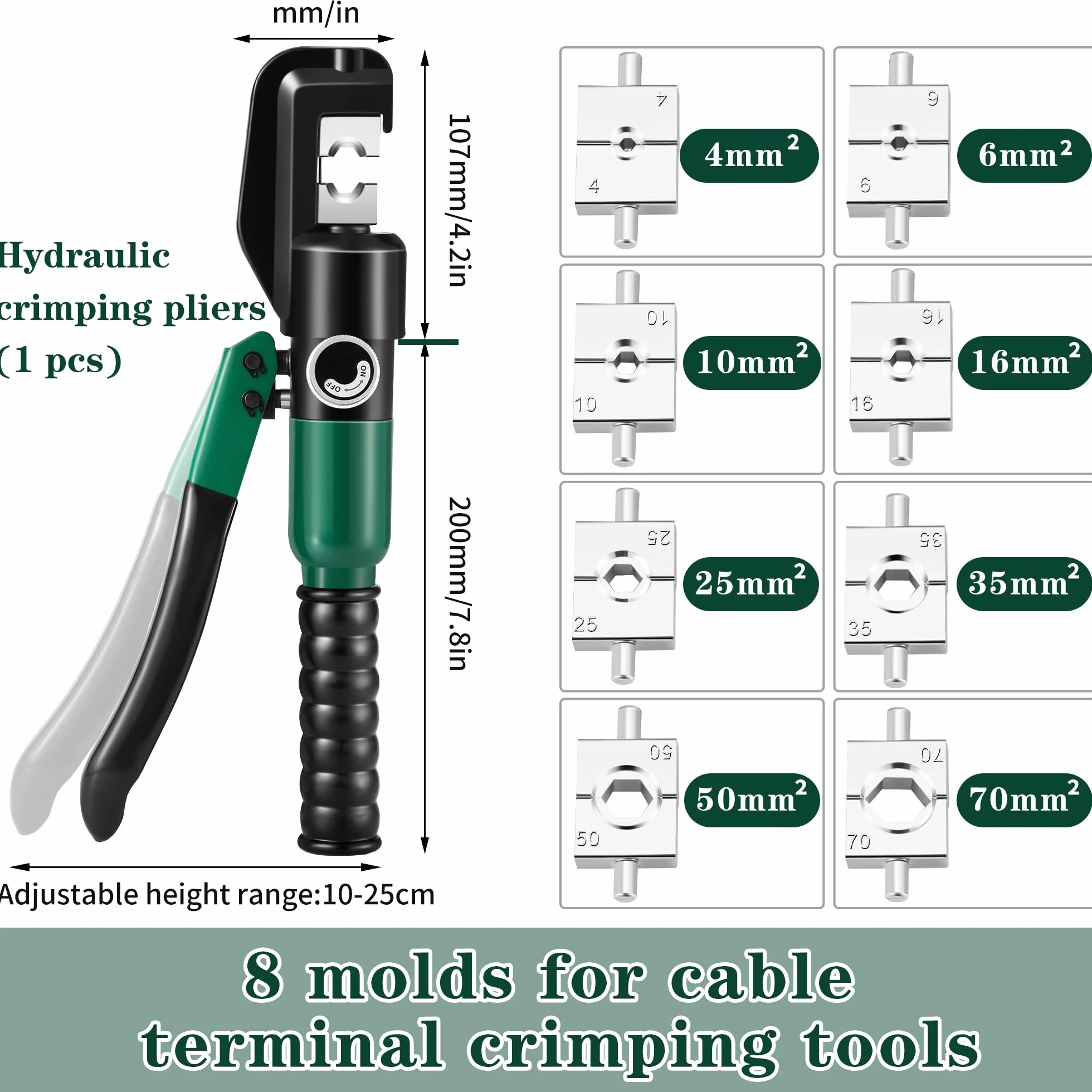 Crimpatrice per capicorda idraulica 6-70mm², kit di attrezzi per cavi terminali elettrici con 8 matrici (strumento di crimpatura 4-70mm²) (YQK70)