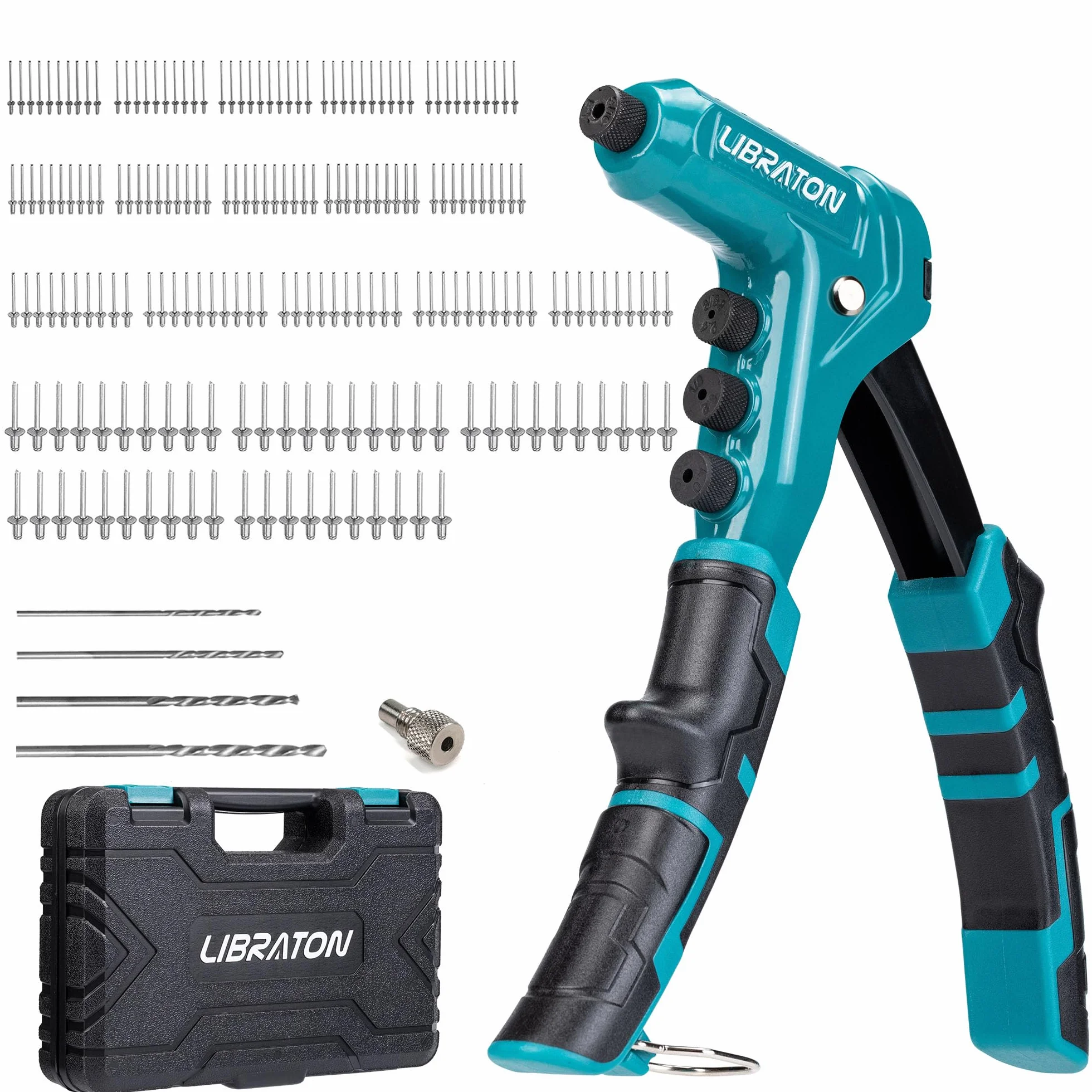 LIBRATON Rivettatrice Manuale, Pistola Rivettatrice Professionale con 200 Rivetti in Alluminio, Include 4 Punte da Trapano, 4 Teste di Rivetto Senza Utensili (2,4mm, 3,2mm, 4,0mm, 4,8mm)