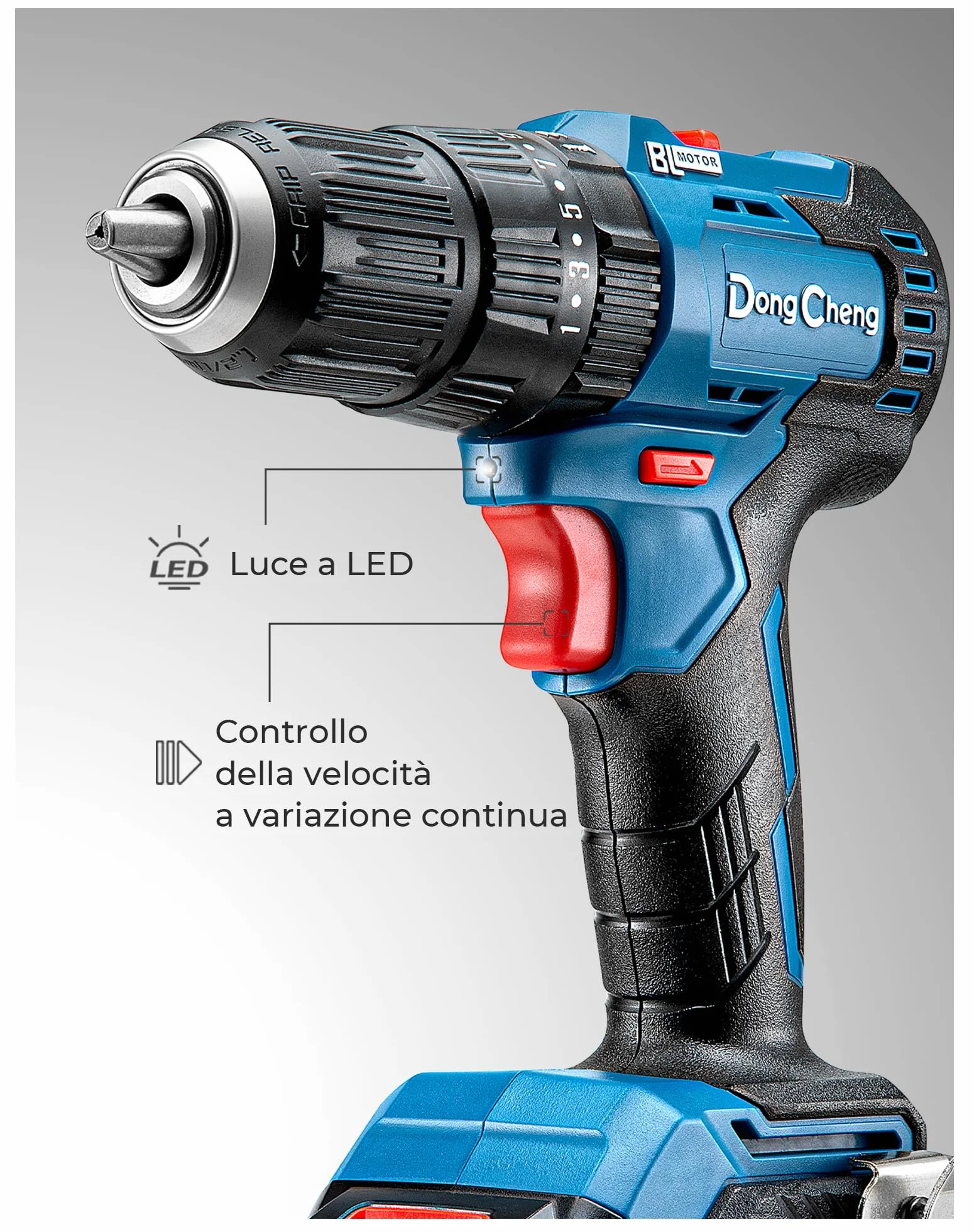 DongCheng trapano percussione a batteria 20V 50 Nm, trapano avvitatore batteria con 2 Batteries 2,0Ah, motore brushless, 20+1+1 Coppie, 2 velocità, mandrino 13 mm,19 Accessori
