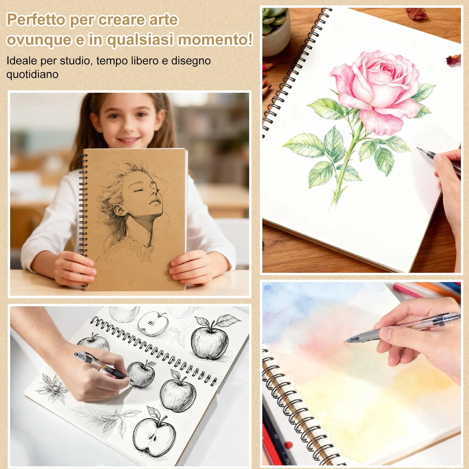 60 Fogli 120 Pagine Blocco per Schizzi A4 con Rilegatura a Spirale, Carta 160 g/m², Copertina Rigida, Album da Disegno A4 Sketchbook, Quaderno Artistico per Bambini e Professionisti, Illustrazioni