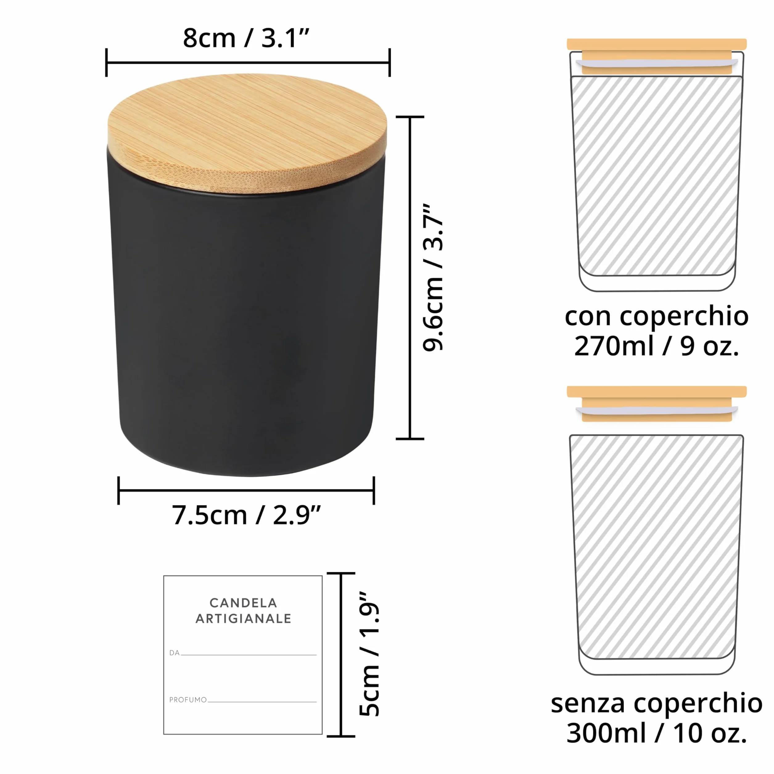 Winter Shore 270ml Barattoli per Candele [Pacco da 12] - Contenitori per Candele Vuoti Smerigliati Neri con Coperchi in Bambù, 15 Etichette Stampate e 15 in Bianco, Penna -Lavabili in Lavastoviglie