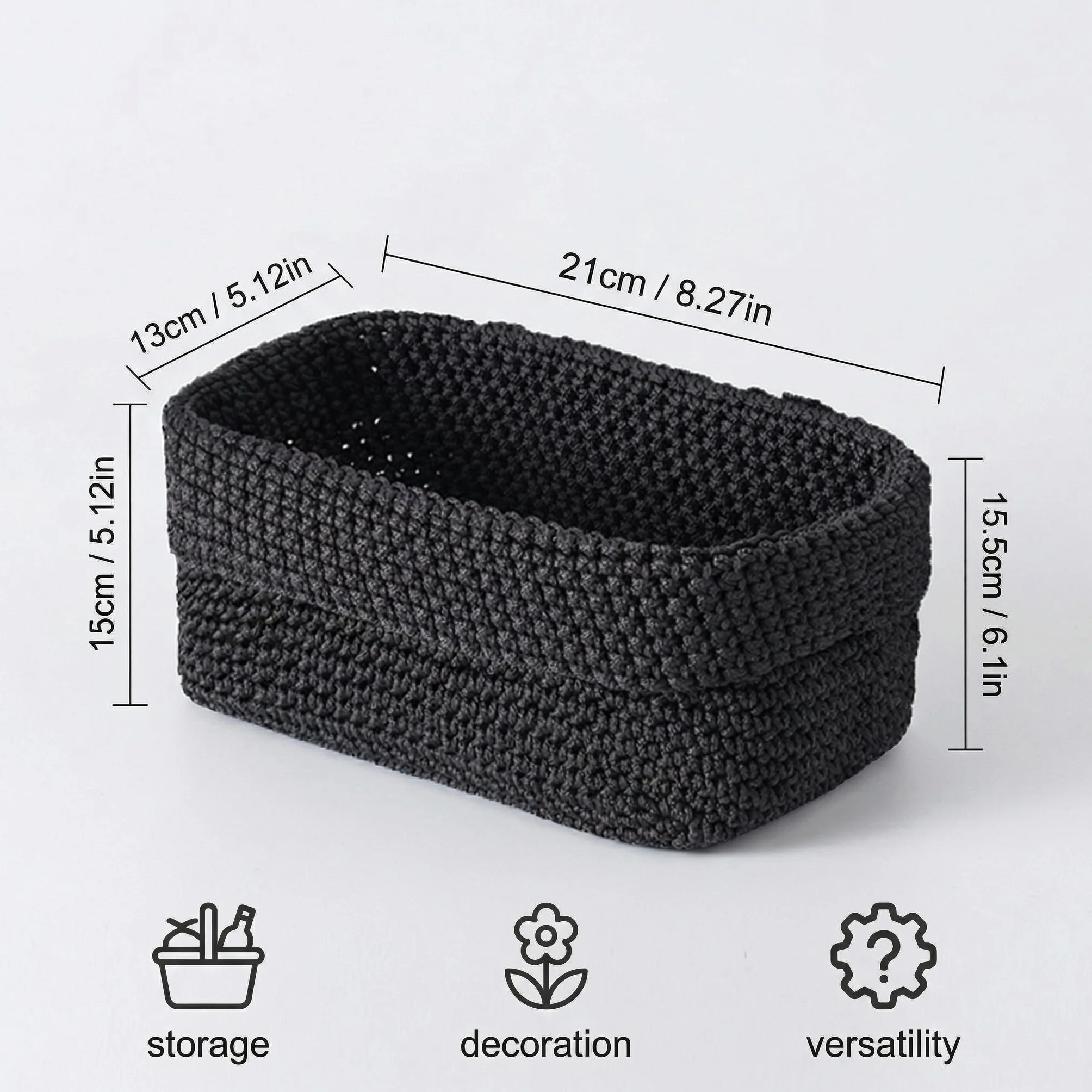 Cestino Portaoggetti Nero, Cestino Intrecciato a Mano in Corda di Cotone, 21×13×15,5 cm, Piccolo Cestino Intrecciato, Scatola Organizzatrice per Cucina, Bagno, Mensole, Pane e Cosmetici