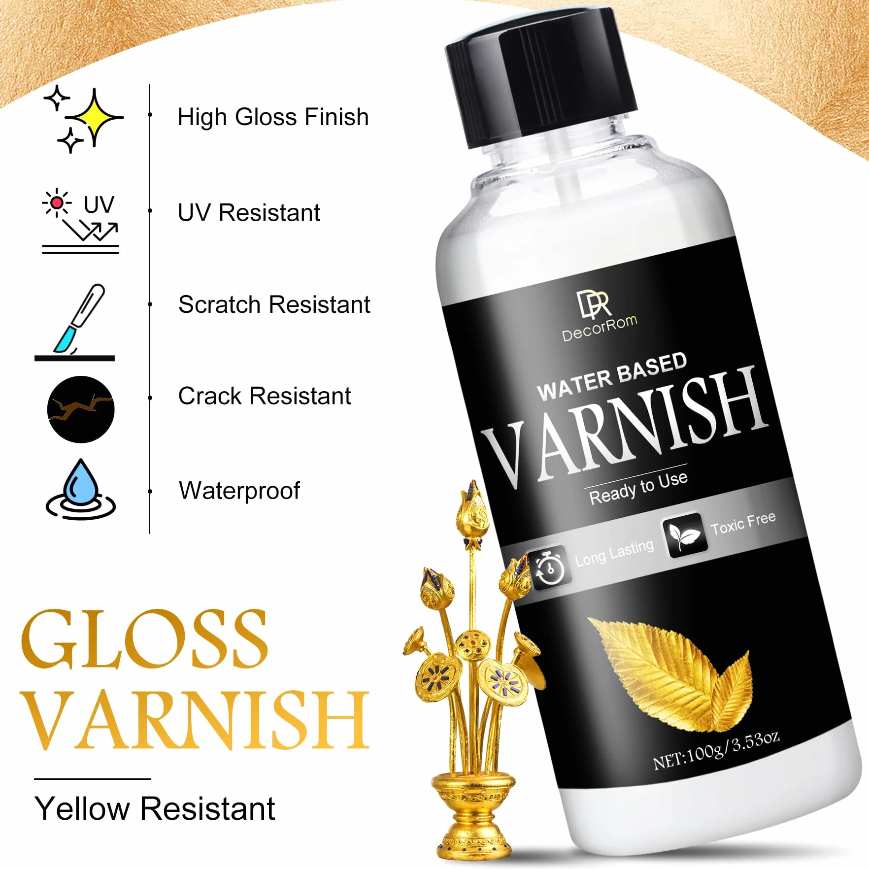Kit Colla per Doratura con Foglia d'Oro - 200ml Adesivo e Vernice a Base d'Acqua con Pennello, 100 Foglie d'Oro per Arte, Artigianato, Pittura, Decorazione Mobili - Materiali per Pittura e Doratura