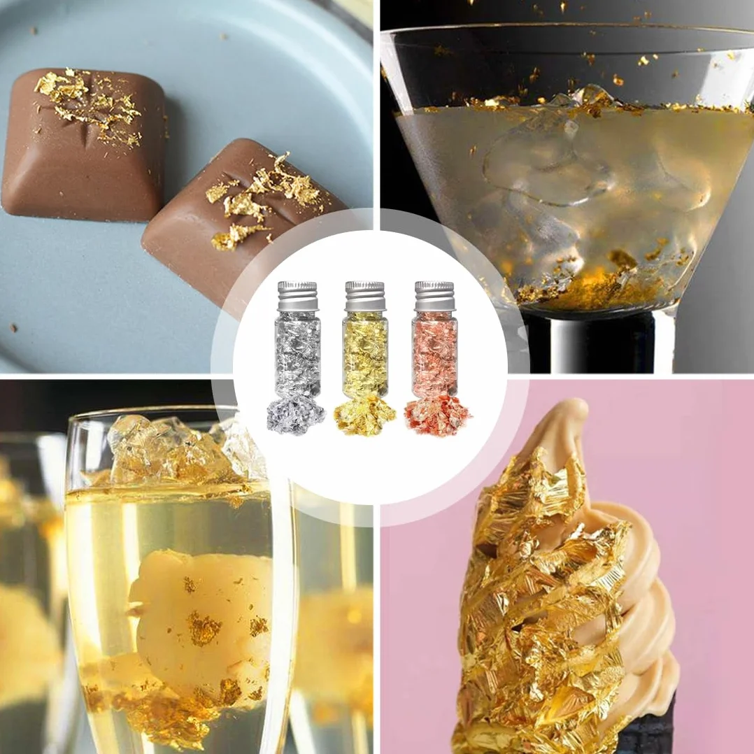 EIHI 3 Bottiglie Oro Commestibile Foglia D'Oro Per Decorazione Torte Fai Da Te - Pellicola Decorativa Per Artigianato Con Clip E Pennello