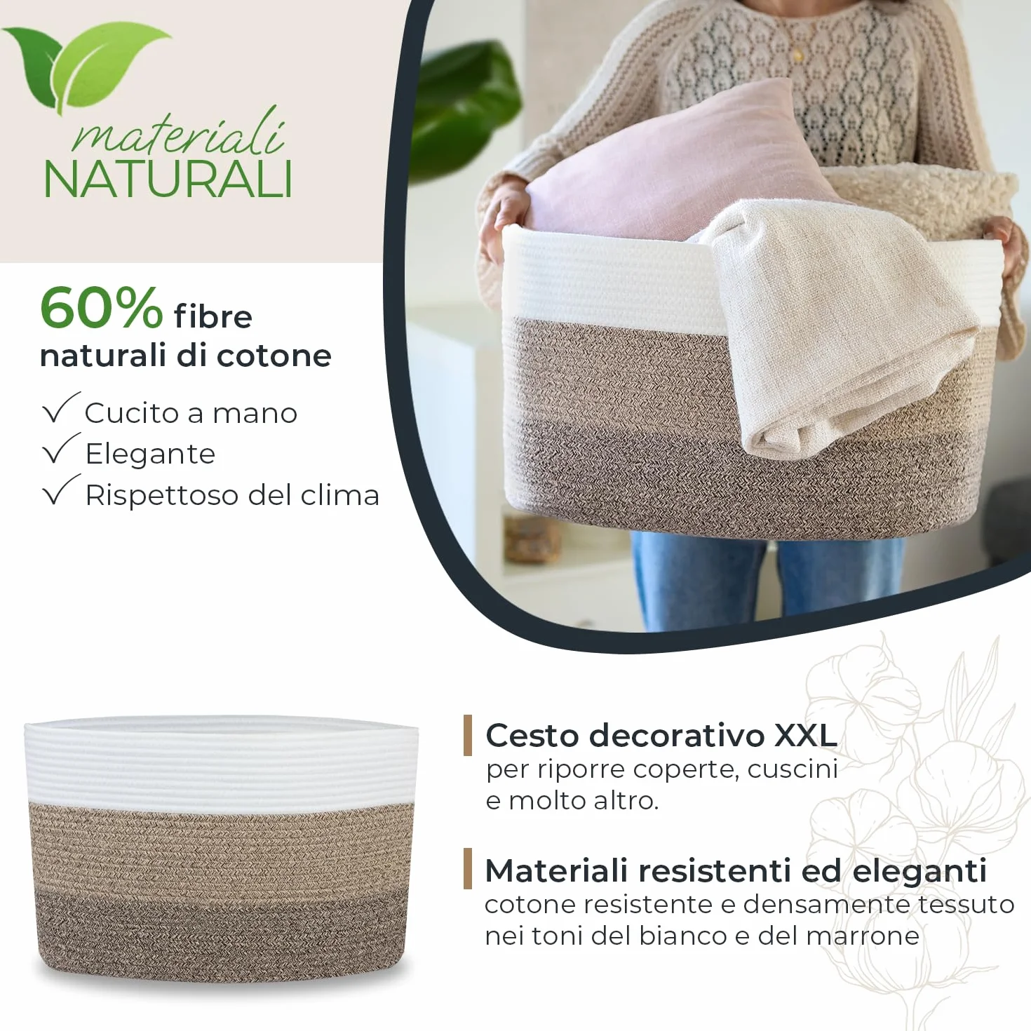 HMF XXL Cesto portabiancheria in cotone, cesto contenitore angolare con manici | 55 x 43 x 30 cm | Bianco-Marrone