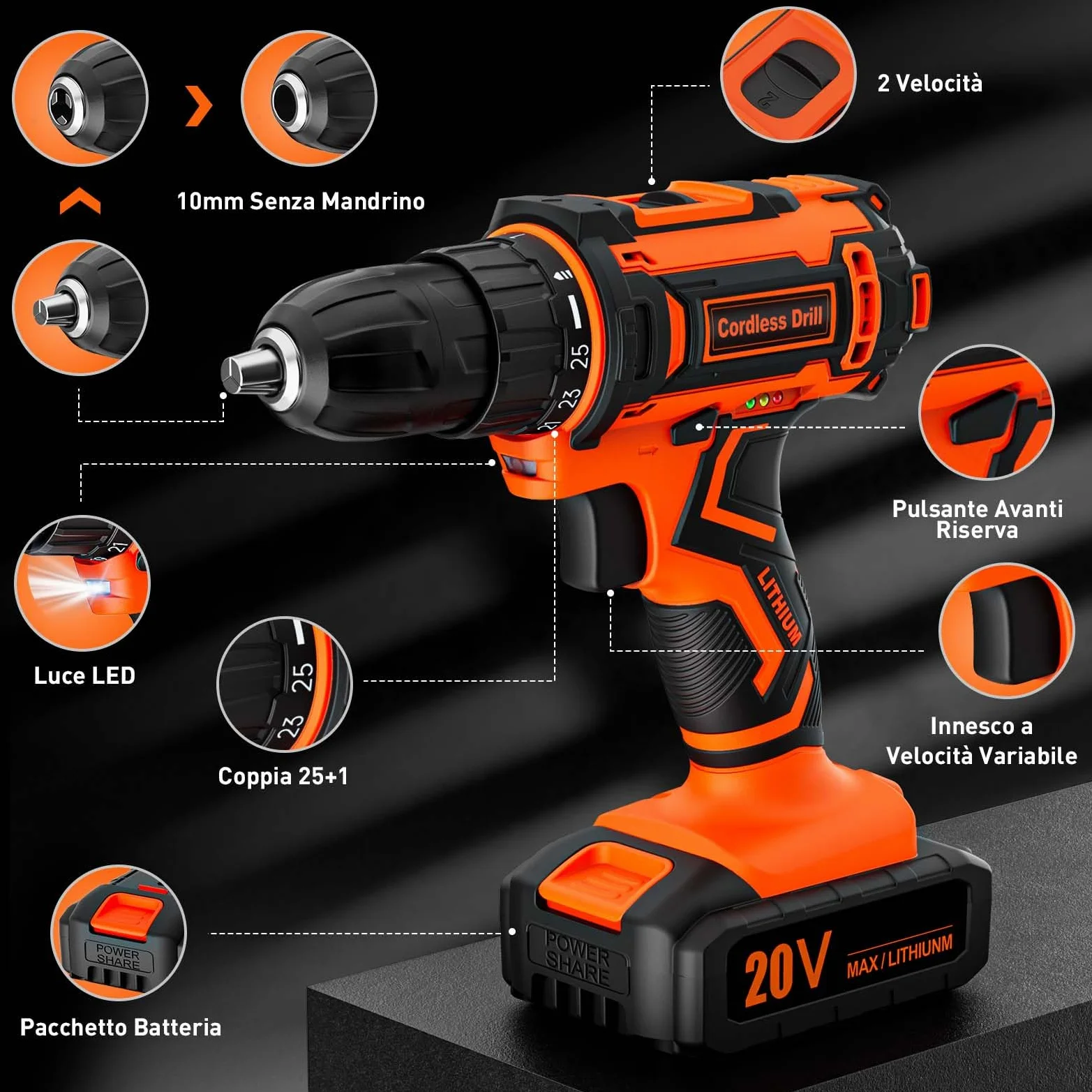 Trapano Avvitatore a Batteria 20V, 2 Batterie 2.0Ah, Max 42Nm, 25+1 Impostazione Coppia, LED Luce, 2 Velocità, 24 Accessori, 10mm Mandrino Autoserrante, per Riparazione, Fai da te