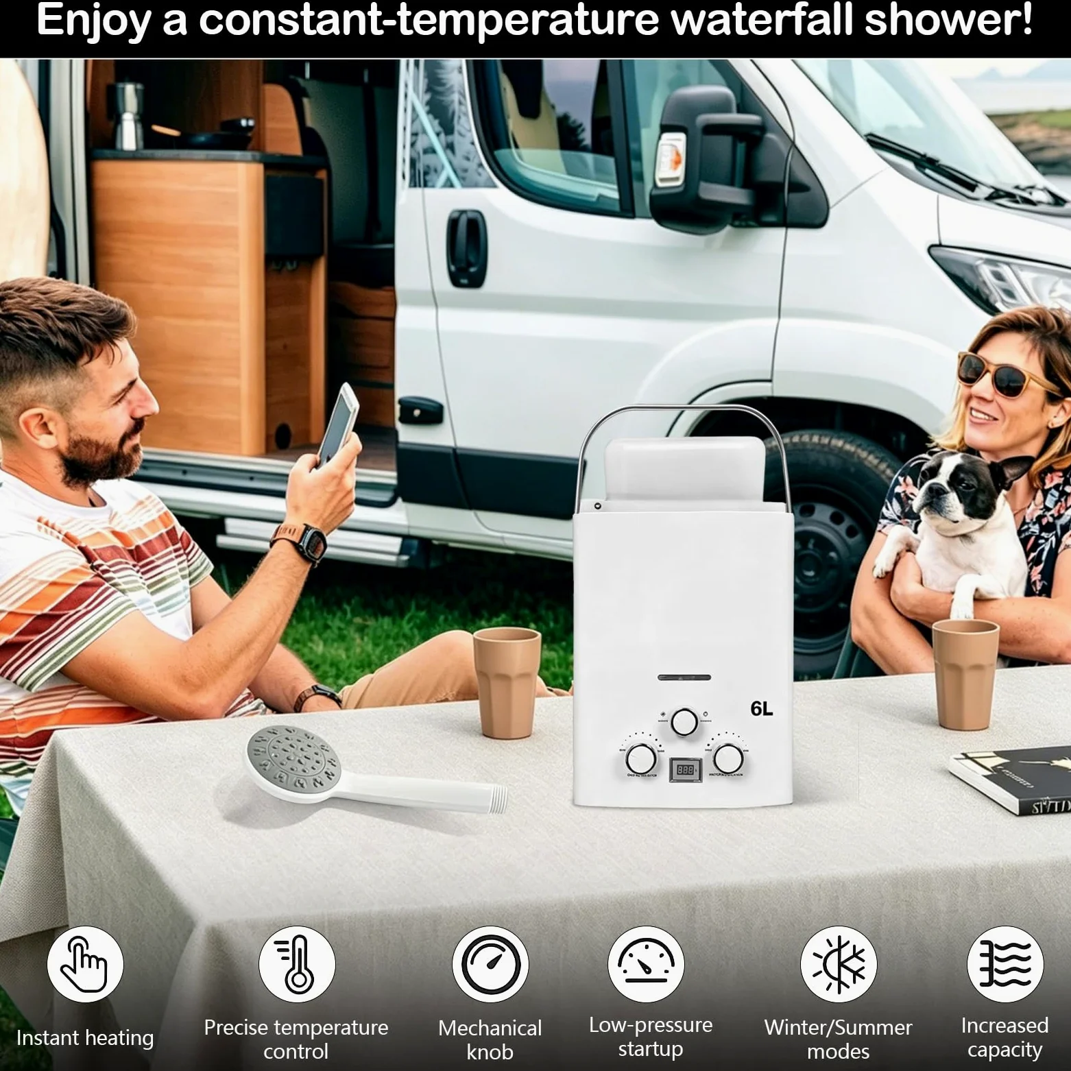 Scaldabagno A Gas Istantaneo Da 6 Litri, 12 Kw Portatile Per Camper E Roulotte Con Maniglia E Soffione Doccia Per Esterni Giardino Campeggio Caravan 40x30x13 Cm