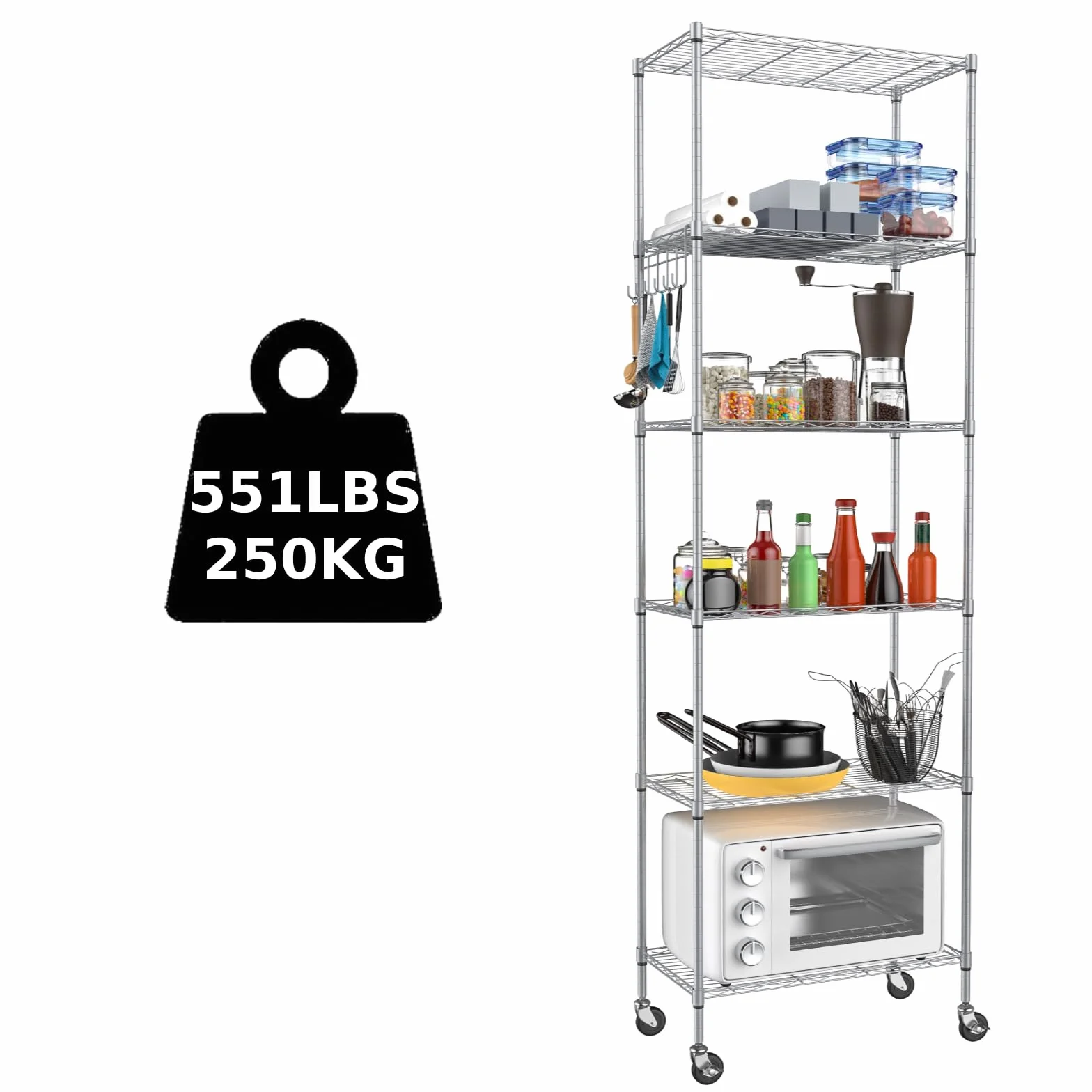 Himimi Scaffale in Filo Metallico a 6 Livelli con Ruote, Regolabile in Altezza, Scaffale in Piedi Resistente con Gancio per Bagno Cucina Garage Camera da Letto Argento
