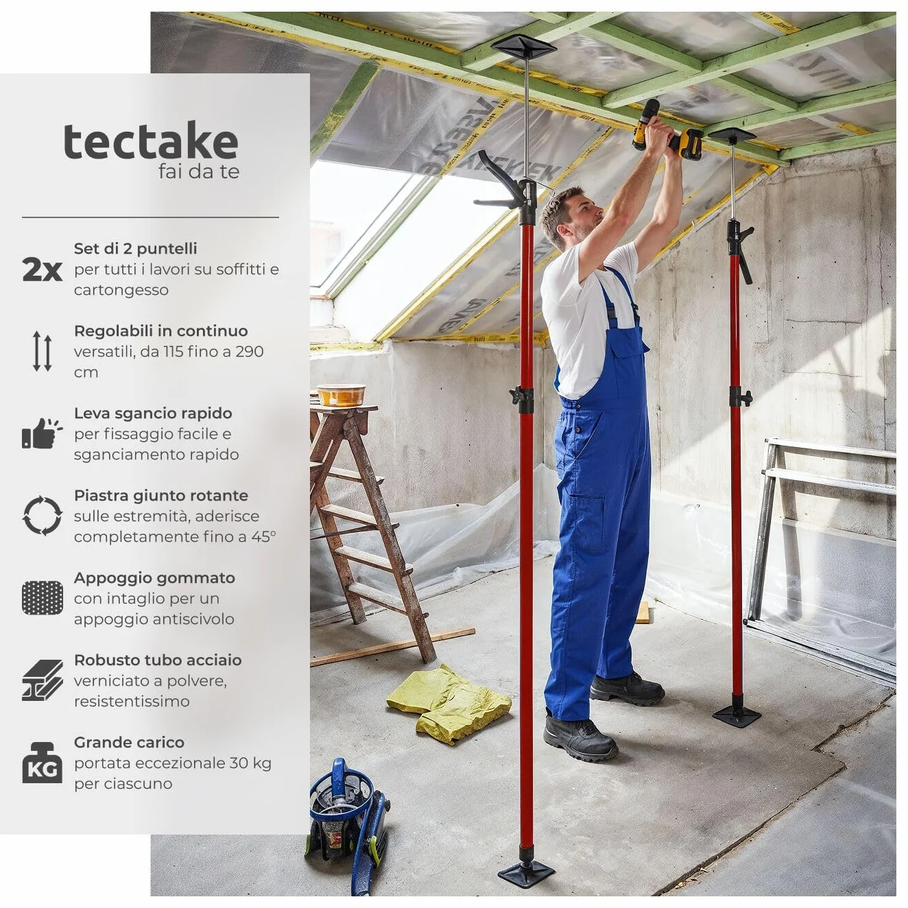 tectake® 2 Puntelli telescopici regolabili 20x8x115cm, Set 2 Pezzi Asta Telescopica fino a 290 cm, Portata 30 kg cad., Piastra di supporto antiscivolo, Supporto Solai, Cartongesso, Edilizia - Rosso