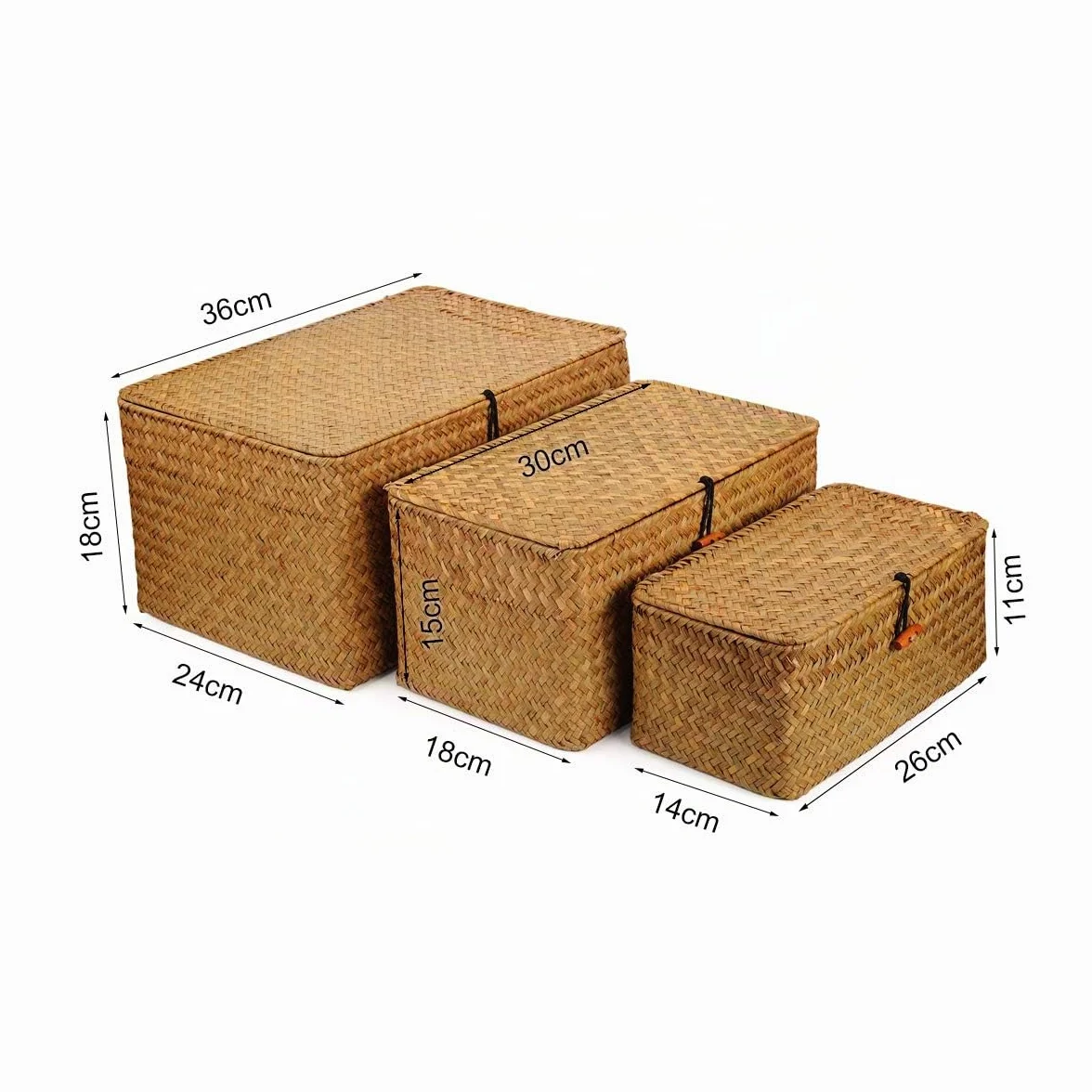 Seagrass Cesta Vimini con Coperchio Cestini Portaoggetti Naturale 3 Pezzi (Grande + Medio + Piccolo)