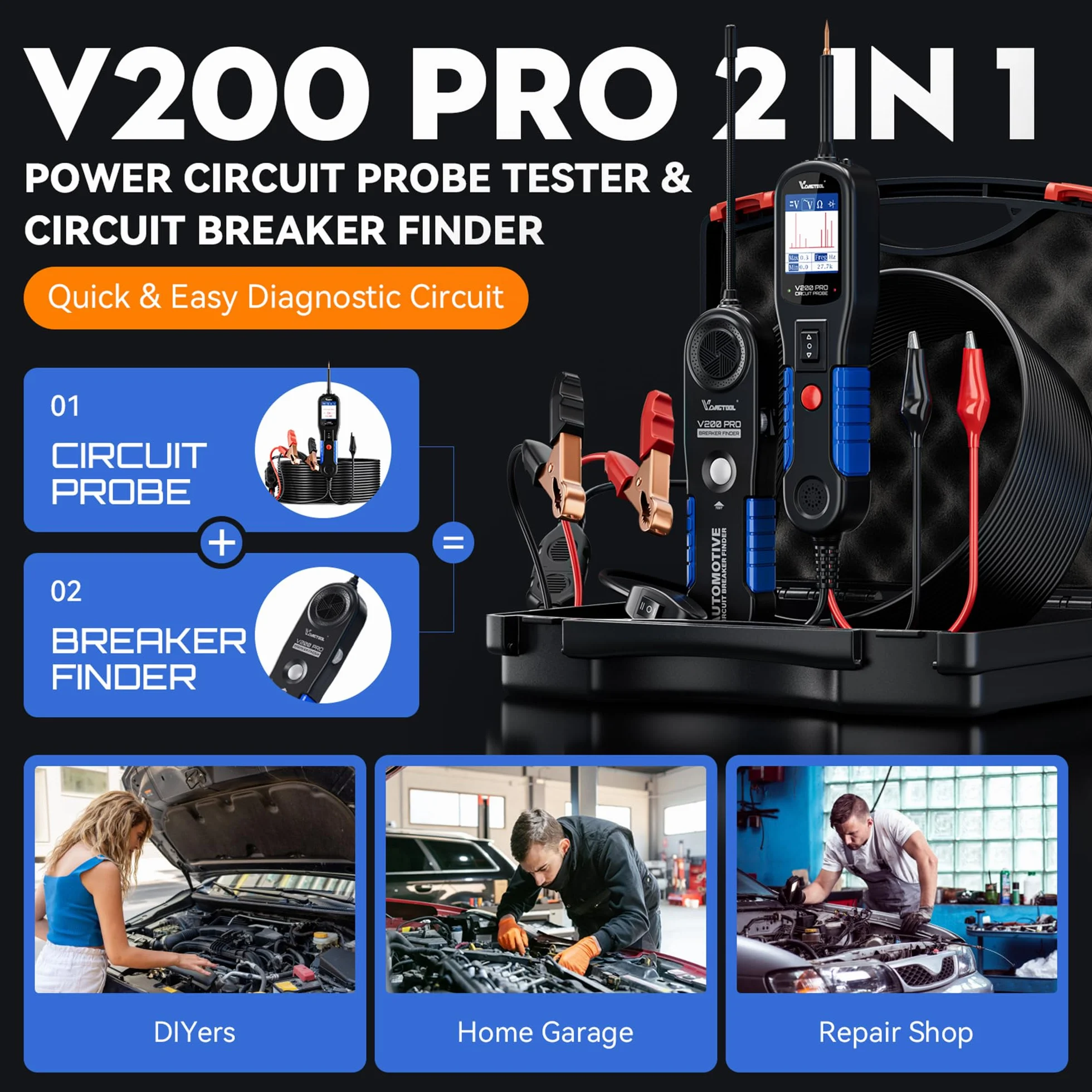 VDIAGTOOL V200 Pro Tester Sonda Circuiti Elettrici Auto, Rilevatore di Cavi Circuito Aperto Corto Circuito AC DC 12V 24V, Cerca Filo Interrotti Auto Elettrici, Relè Fusibili Trailer Componenti Tester