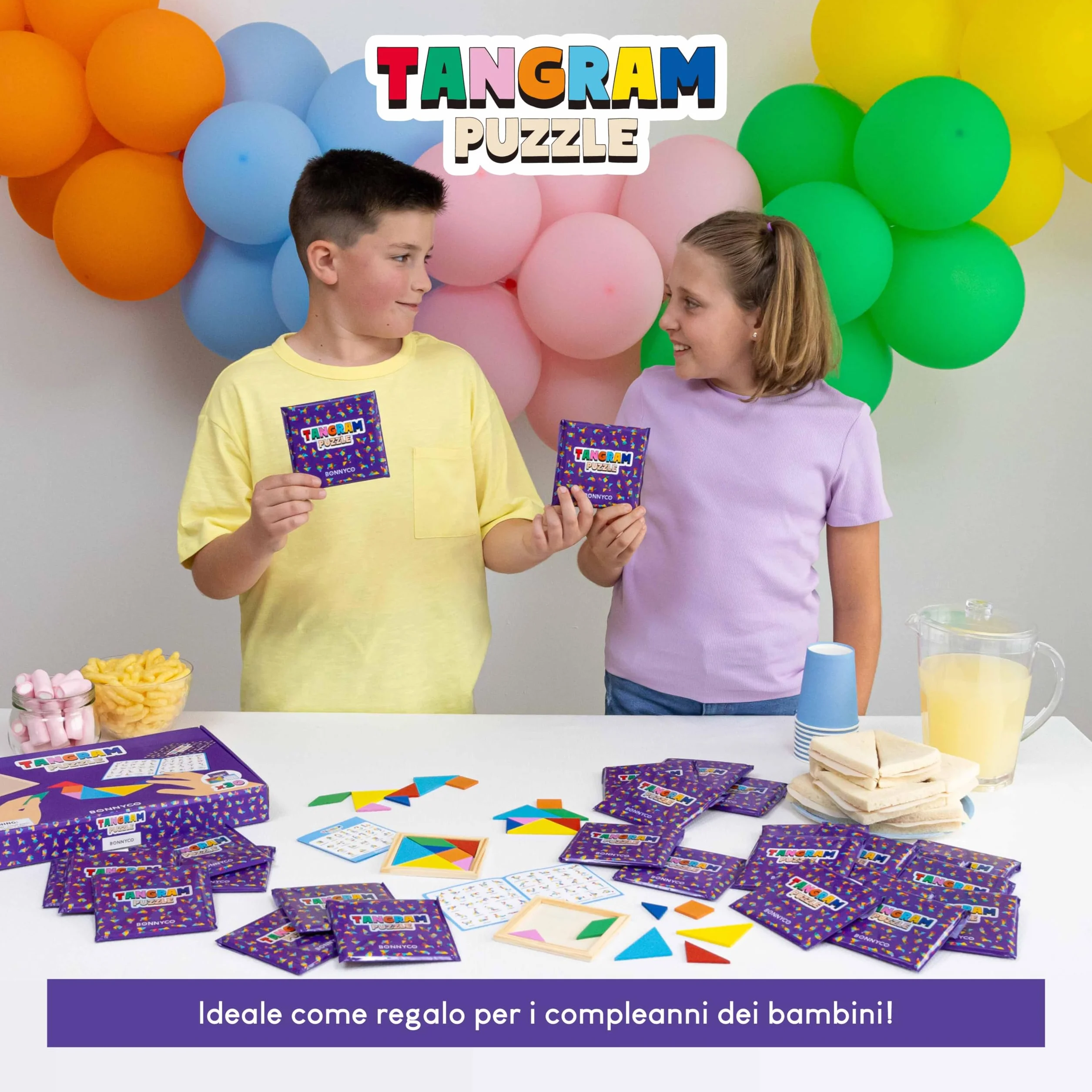 BONNYCO Tangram Legno Bambini Pack 30 Gadget Compleanno Bambini. Mini Giochi Regalini Fine Festa Compleanno, Regalino Fine Festa Invitati. Persierini Giochini per Feste, Mini Puzzle Gadget Scuola
