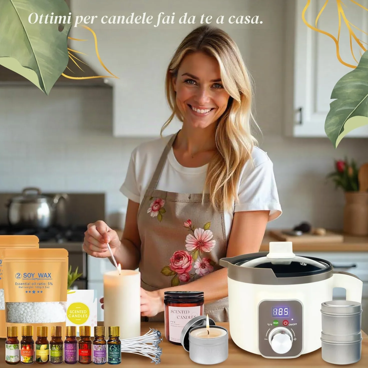 LINGQIAN Kit fabbricazione candele con fusore digitale di cera, Kit Candele Fai Da Te con Cera di Soia, 8 barattoli di candela, 8 oli profumati, set di candele per artigianato fai da te