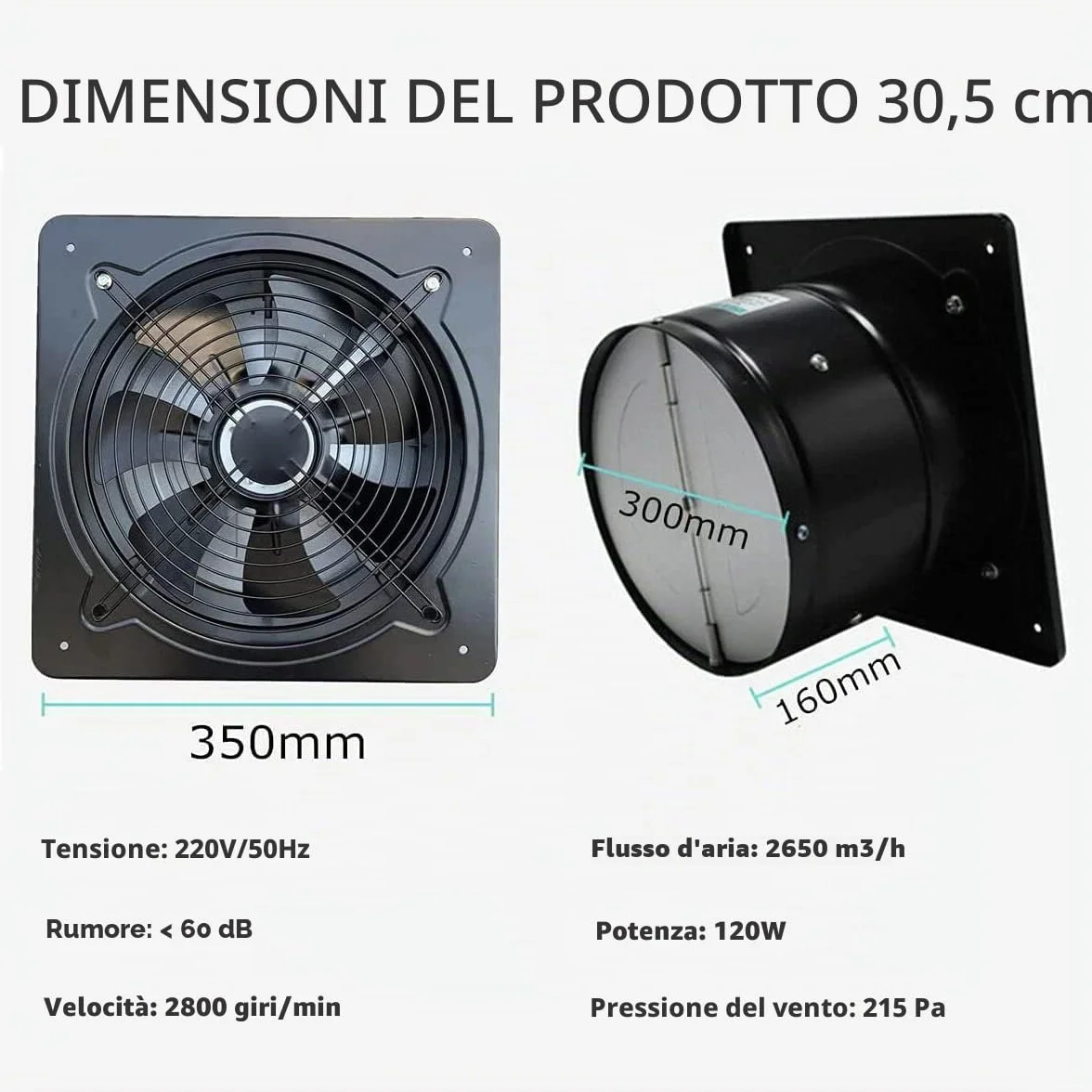 Ventola Aspirazione 300 mm Estrattore Aria Termosifoni Booster Ventilazione Parete Aspiratore Cucina Bagno