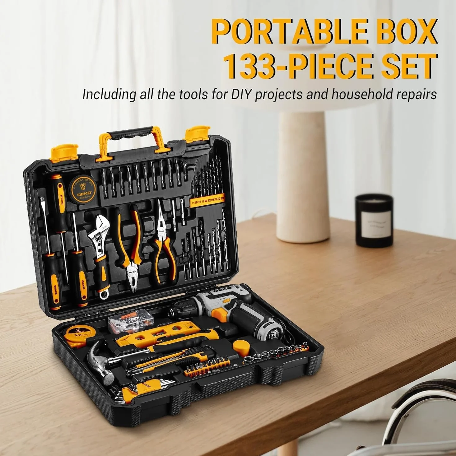DEKO Cassetta Attrezzi Completa con Trapano Avvitatore Batteria 12V, 133 Pezzi Valigetta con Set Completo di Punte (Grigio)