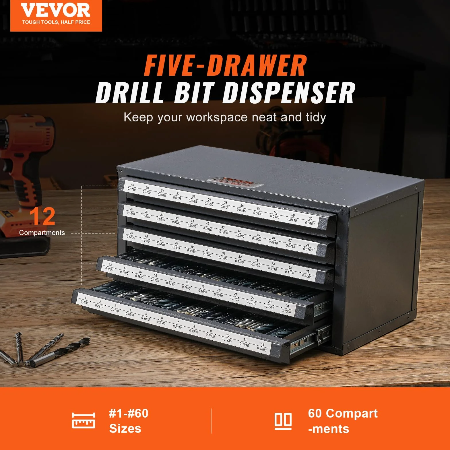VEVOR Dispenser Cassetta per Punte da Trapano 60 Scomparti Etichettati #1-#60, Scatola per Punte da Trapano 5 Cassetti per Trapano 37,5x20x20 cm Impilabile Conservazione di Punte da Trapano Officina