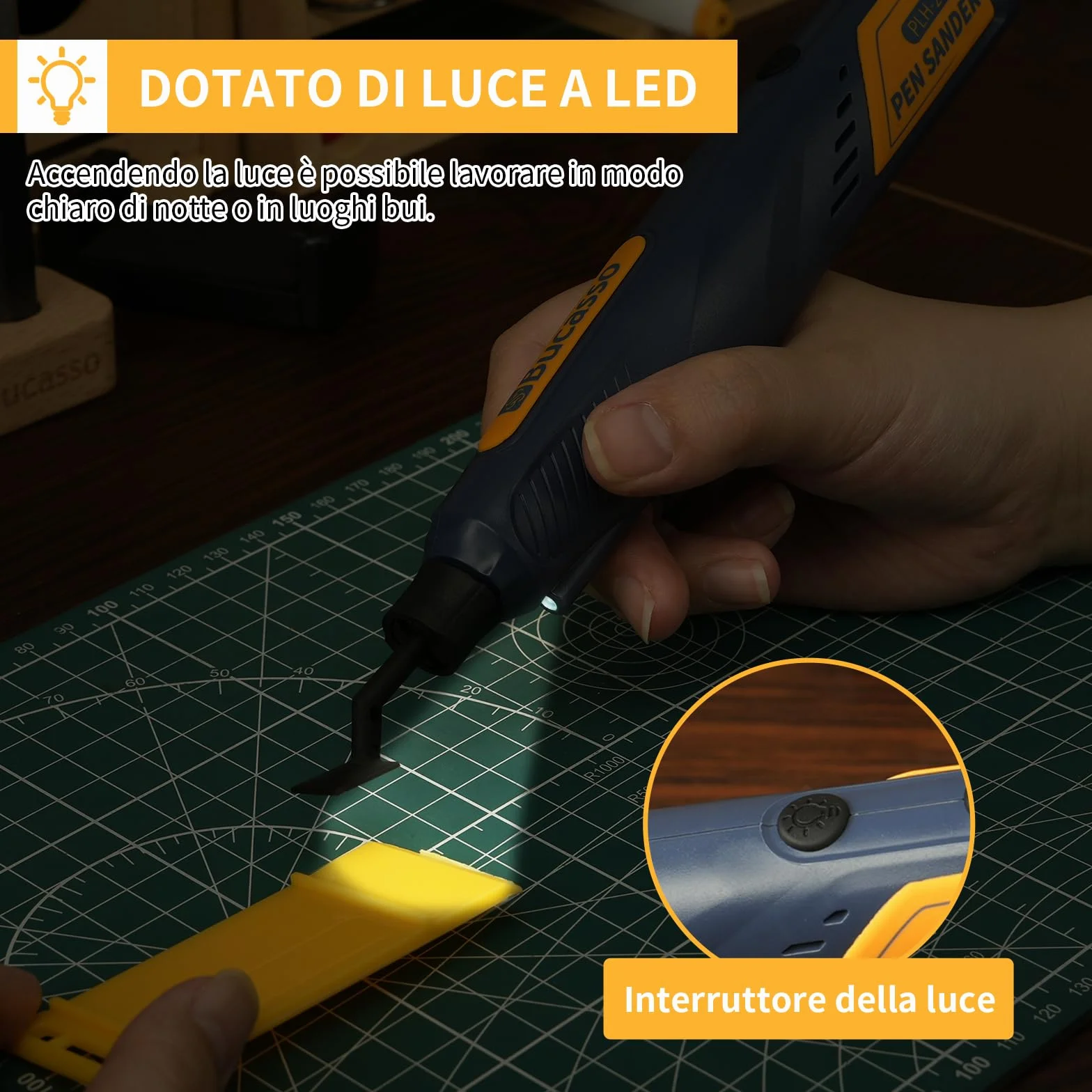 Levigatrice a Penna Senza Fili 5 Velocità Ricarica USB Luce LED Multiuso per Levigatura Lucidatura Finitura