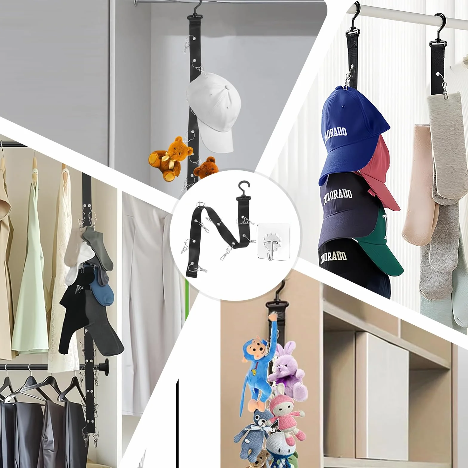 2 Pezzi Porta Cappelli Nero,8 Appendere Appendi Cappelli,Porta Cappelli da Parete,Portacappelli con 2 Ganci Autoadesivi Adatto per Berretti da Baseball,Sciarpe,Cravatte,Asciugamani
