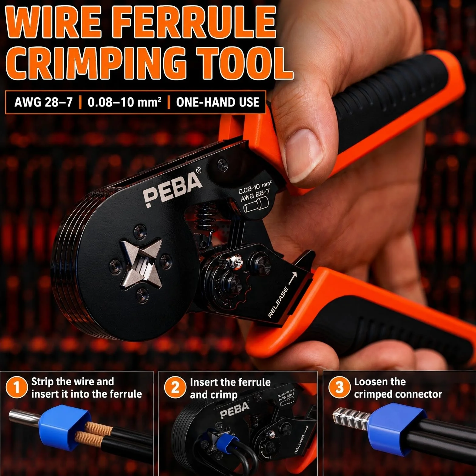 PEBA Set Pinza Crimpatrice per Tubetti Terminali 0,25-10mm², Kit Professionale 21 Misure Puntalini in Rame Viola, Crimpatura Quadrata 0,08-10mm²/AWG 28-7, Standard DIN 46228