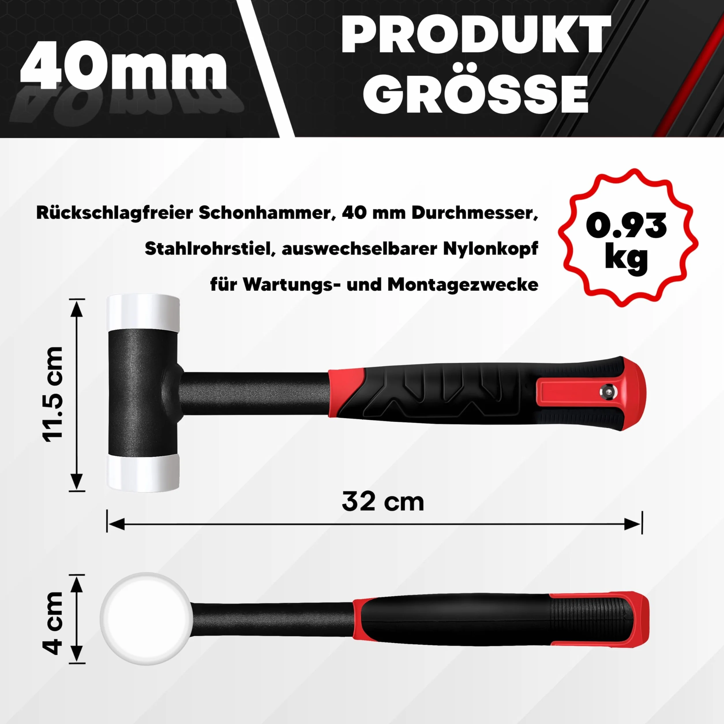 C&T Bacchetta morbida senza contraccolpo, diametro 40 mm, manico in acciaio, testa in nylon intercambiabile per scopi di manutenzione e montaggio