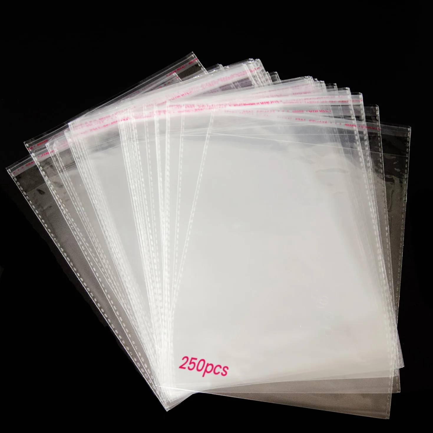 250 Bustine di Cellophane Trasparenti Autoadesivi. Sacchetti di Plastica OPP con Cucitura Sigillata e Foro di Ventilazione per Caramelle, Regali, Gioielli, Carte, Cioccolatini, Foto.