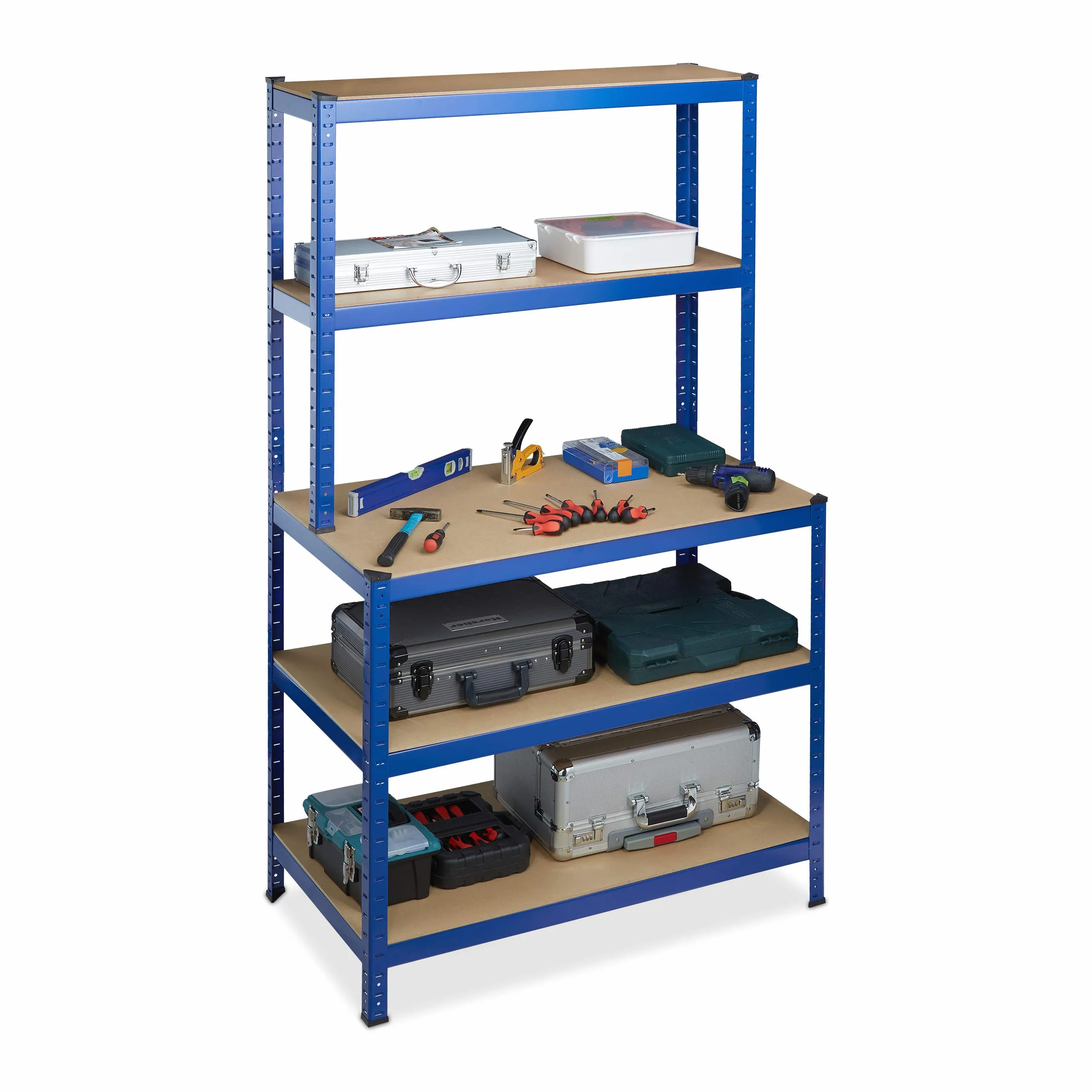 Relaxdays Scaffale in Metallo, Banco da Lavoro, Capacità fino a 900 kg, 5 Ripiani, Incastro 180x100x60, Acciaio,MDF, blu