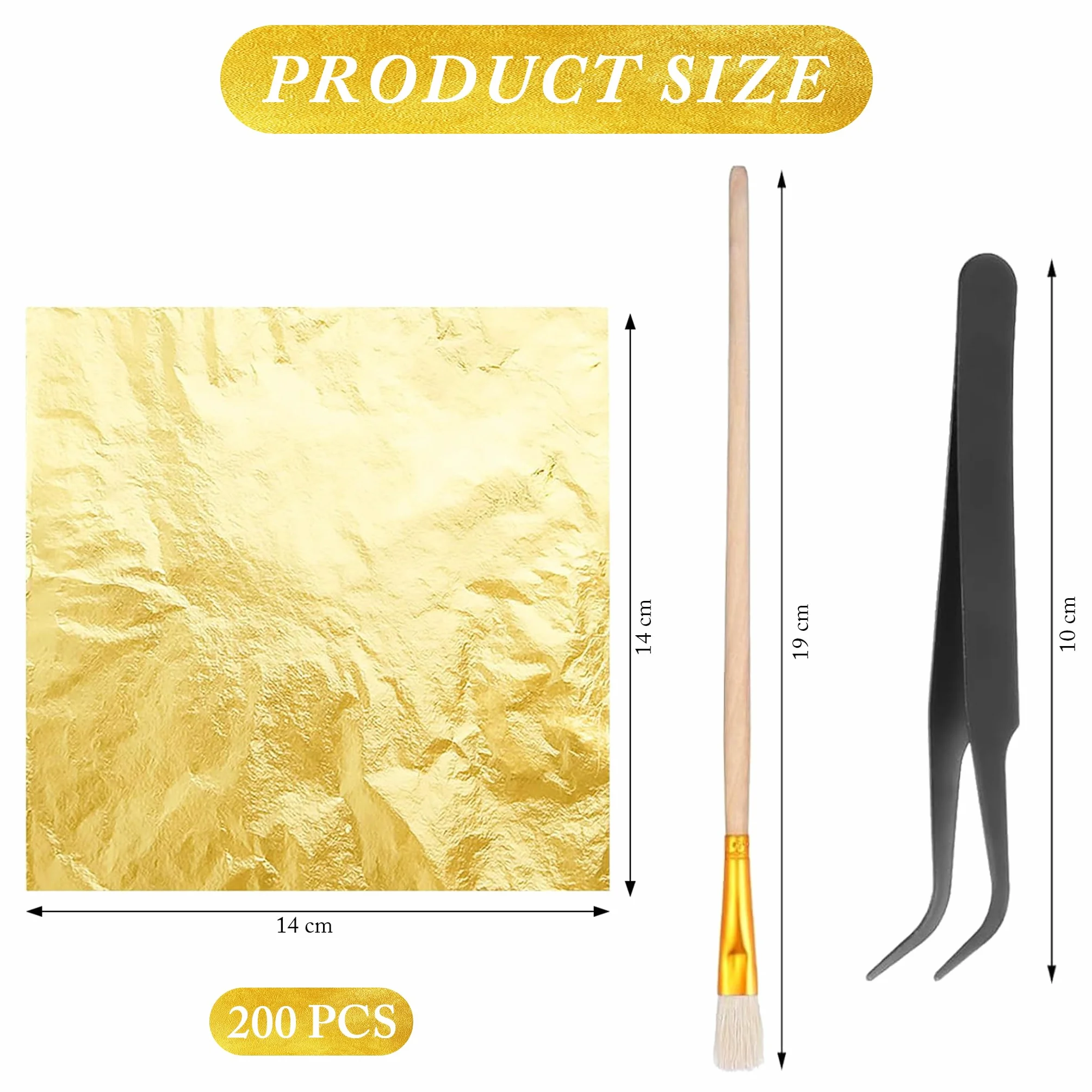 200 Fogli Foglia Oro Commestibile 14x14cm, Carta Lamina Oro per Decorazione Torte/Artigianato/Pittura, incl. Pinzette + Pennello, Oro Imitazione 24 Carati