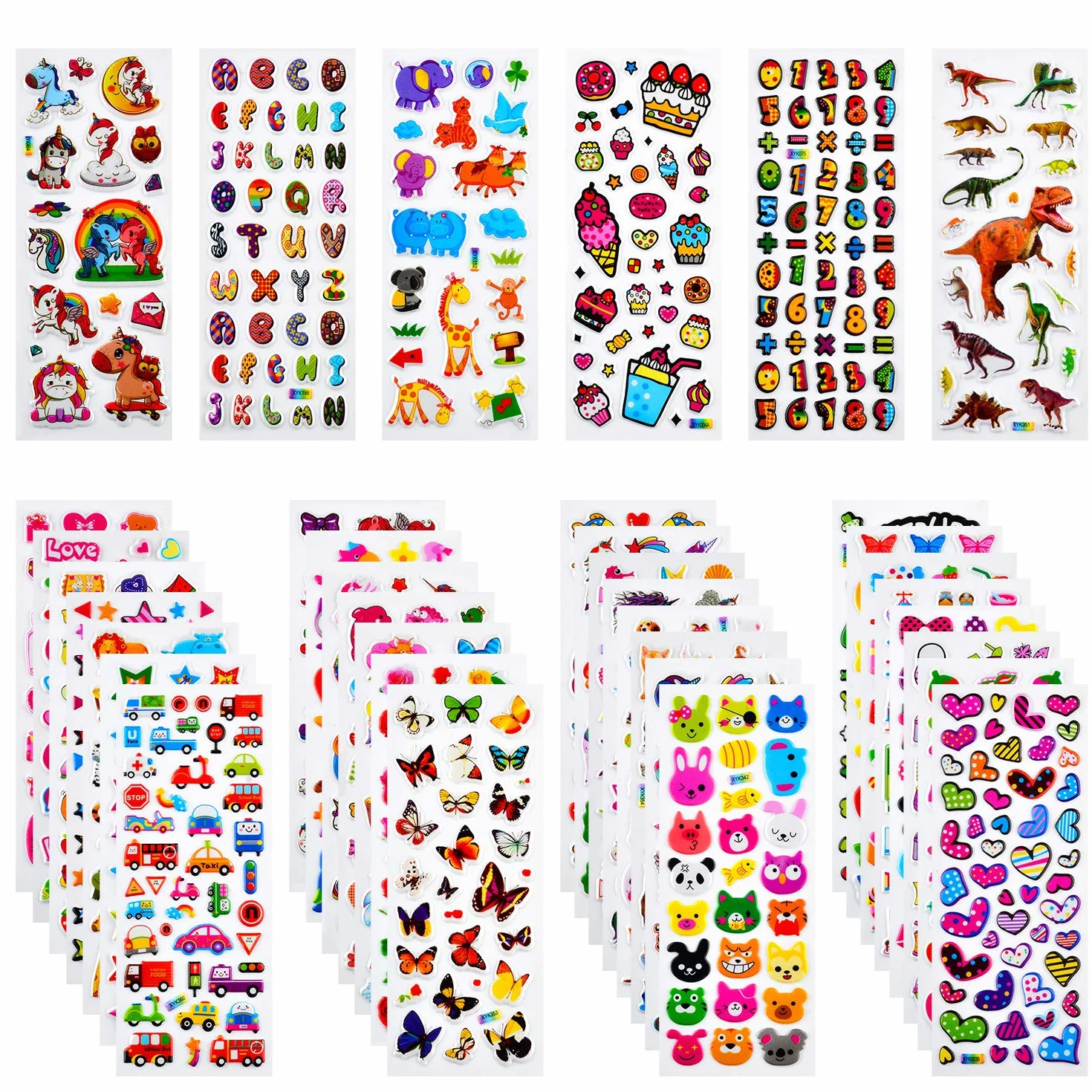 Habett Adesivi per Bambini, 920+ Stickers 3D per Puffy Adesivi per Regali Gratificanti Scrapbooking Inclusi Camion, Unicorno, Animali, Pesci, Dinosauri, Numeri, Frutta e Altro (36 Fogli)