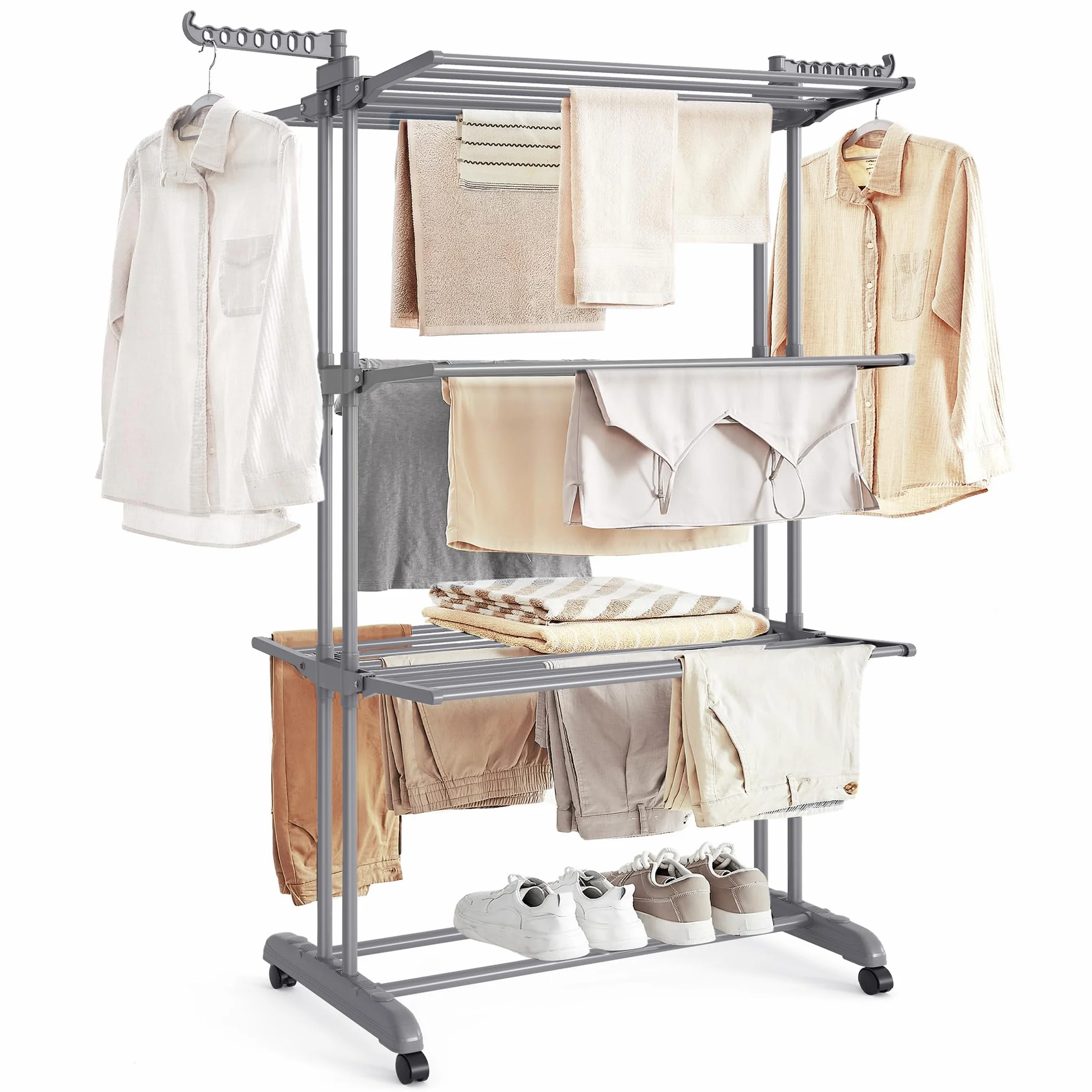 SONGMICS Stendibiancheria, Stendino Pieghevole a 4 Livelli, con Ruote e Ali Richiudibili, 63,5 x 128 x 173 cm, Capiente, Uso Interno ed Esterno, Grigio LLR701G01