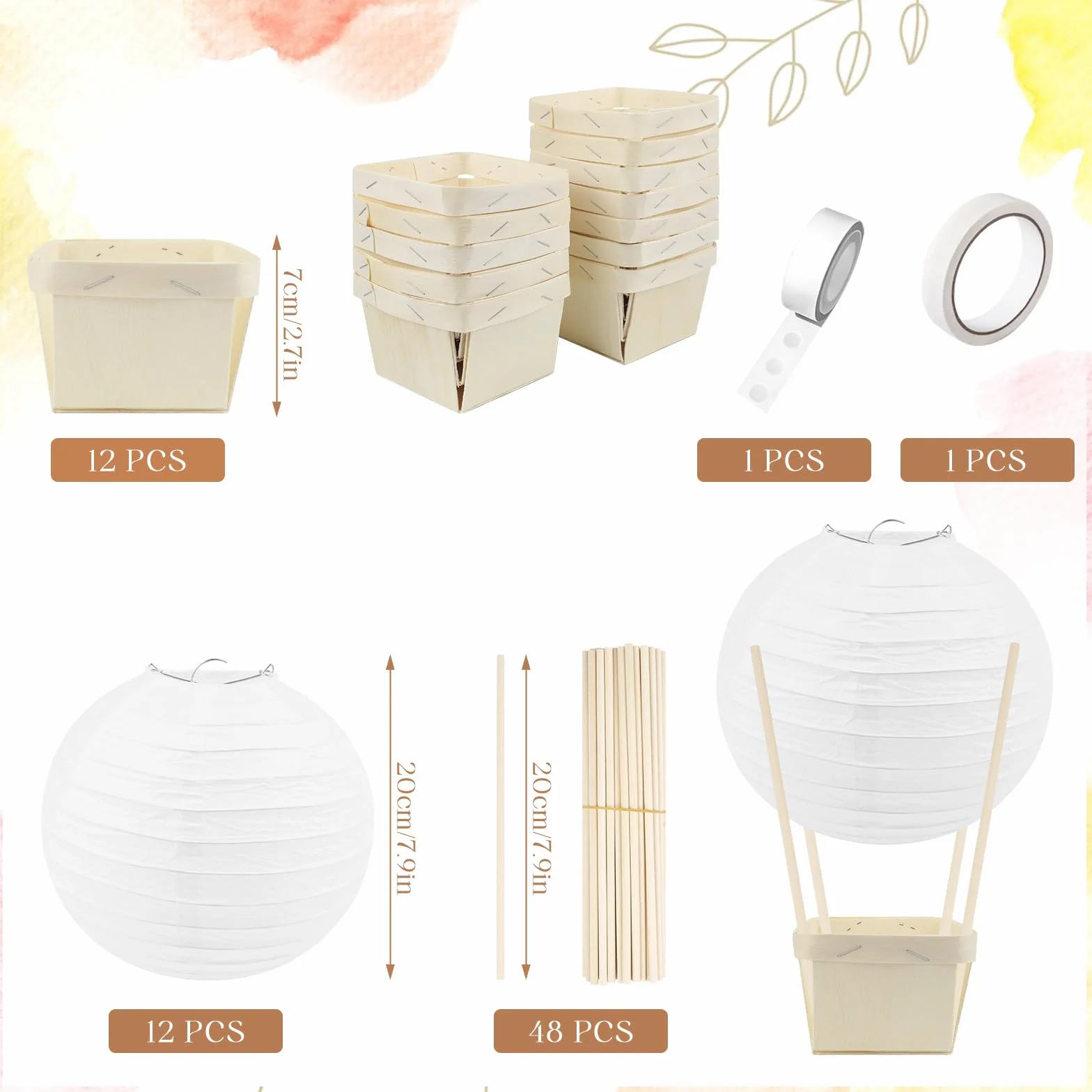 Lanterne di Carta per Palloncini ad Aria Calda DIY Scatole di Legno con Bastoncini Decorazione Festa Compleanno Natale (Bianco)
