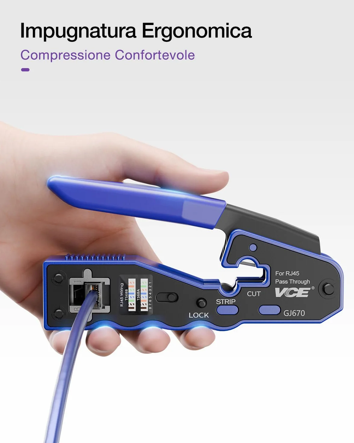 VCE Pinza Crimpatrice RJ45 Passante, Multifunzione 3-in-1 (Taglio, Spelatura, Crimpatura), Compatta, per Connettori Ethernet 8P, Blu