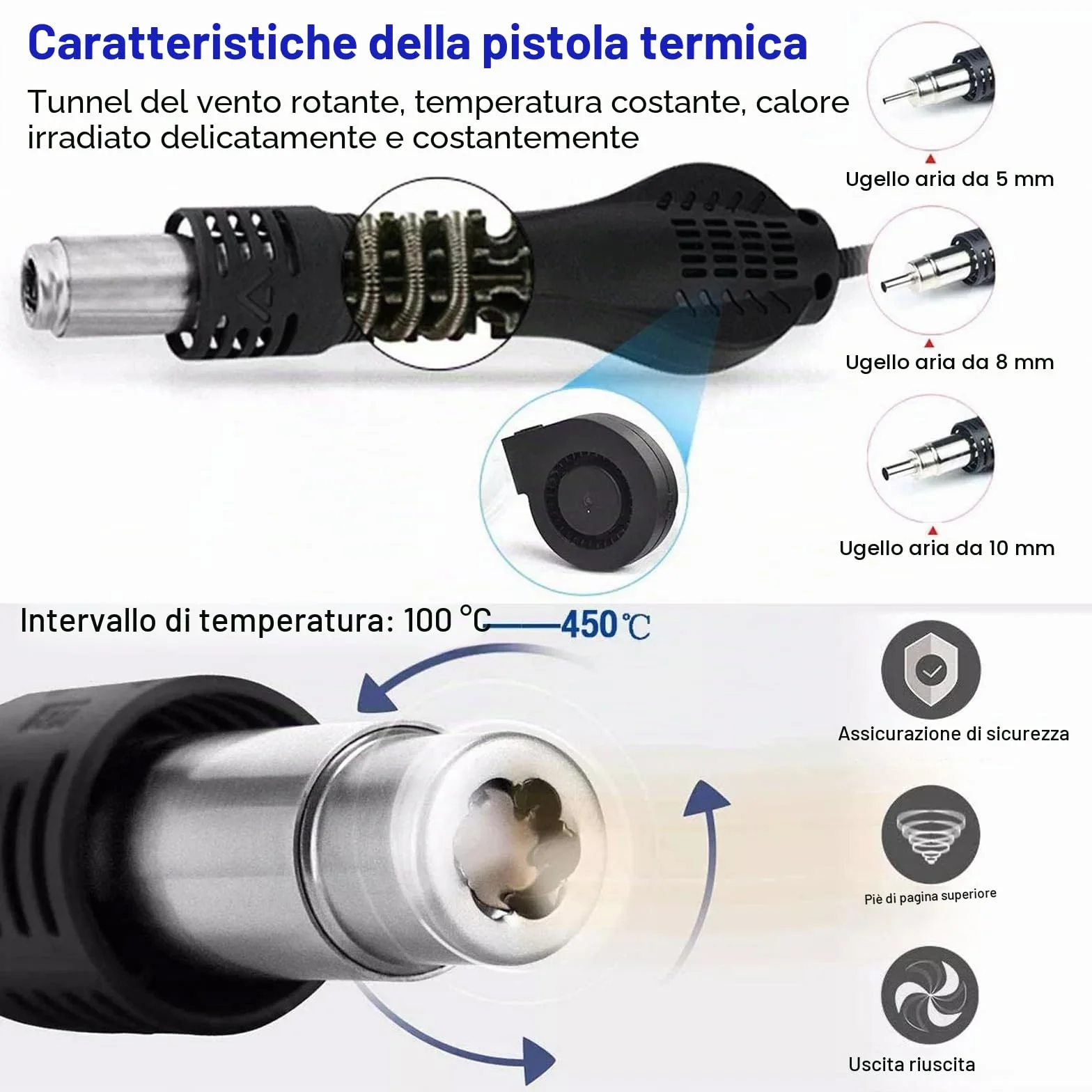 Stazione di saldatura ad aria calda, 700 W, 8586, set di saldatori Rework Station con 3 ugelli dell'aria – 5 mm, 8 mm, 10 mm, indicatore digitale della temperatura regolabile 100 ~ 500 °C