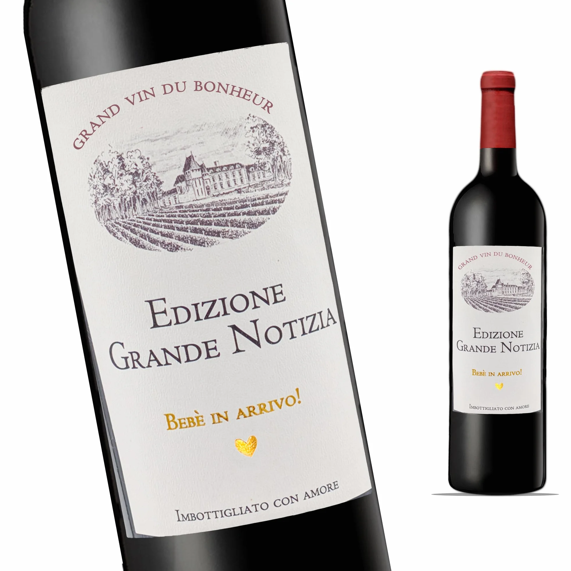 Set da 4 Etichette Bottiglia di Vino Annuncio Gravidanza "Château Grande Notizia" FunFest