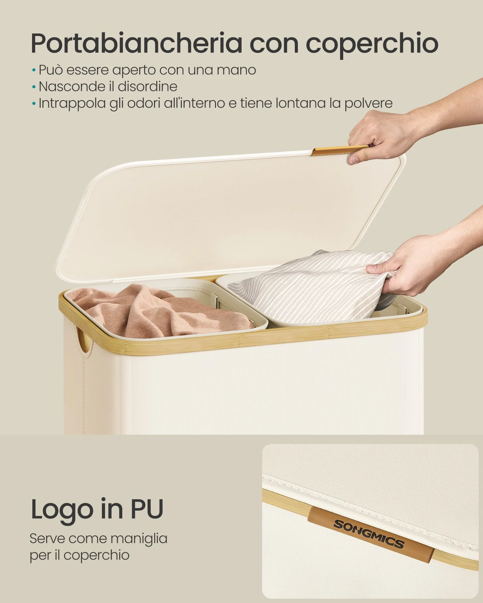 SONGMICS Cesto Portabiancheria con Coperchio, Cesta Porta Biancheria Sporca, Sacchi Interni Rimovibili, Telaio in Bambù, Lavanderia Camera da Letto, 2 Scomparti, 150 L, Bianco Crema LCB532WD01