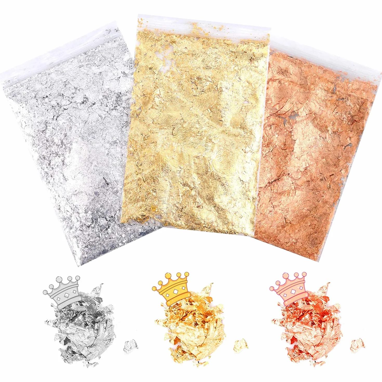 XCOZU Confezione da 3 Fiocchi Dorati, Foglie Dorate, Foglia di Rame, Foglia d'argento，Finta Foglia d'oro per la Pittura Delle Unghie in Resina, Decorazione per La Creazione di Gioielli