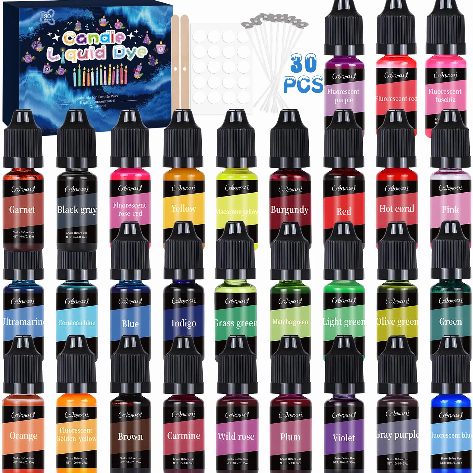 Colorante per Candele, 30 Colori - Liquido per Fabbricazione per Candele Fai da Te, Altamente coloranti per Cera di Soia - 10 ml per colore
