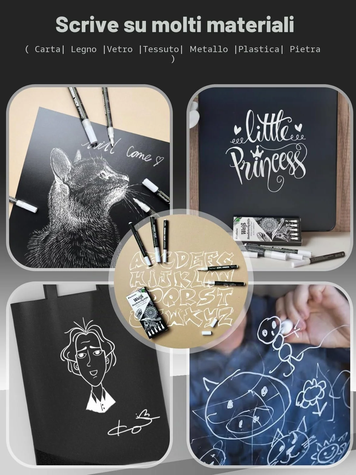 Confezione da 5 pennarelli acrilici bianchi, coprenti per legno, vetro, tessuto e molto altro ancora, ad asciugatura rapida, impermeabili, resistenti alla luce, per lettering a mano, ideali per arte