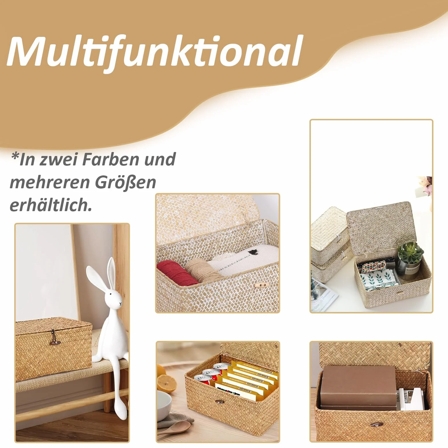 Cesto Portaoggetti in Rattan Intrecciato Rettangolare con Coperchio, Organizer Multifunzionale per Trucchi e Abbigliamento (M, Bianco)