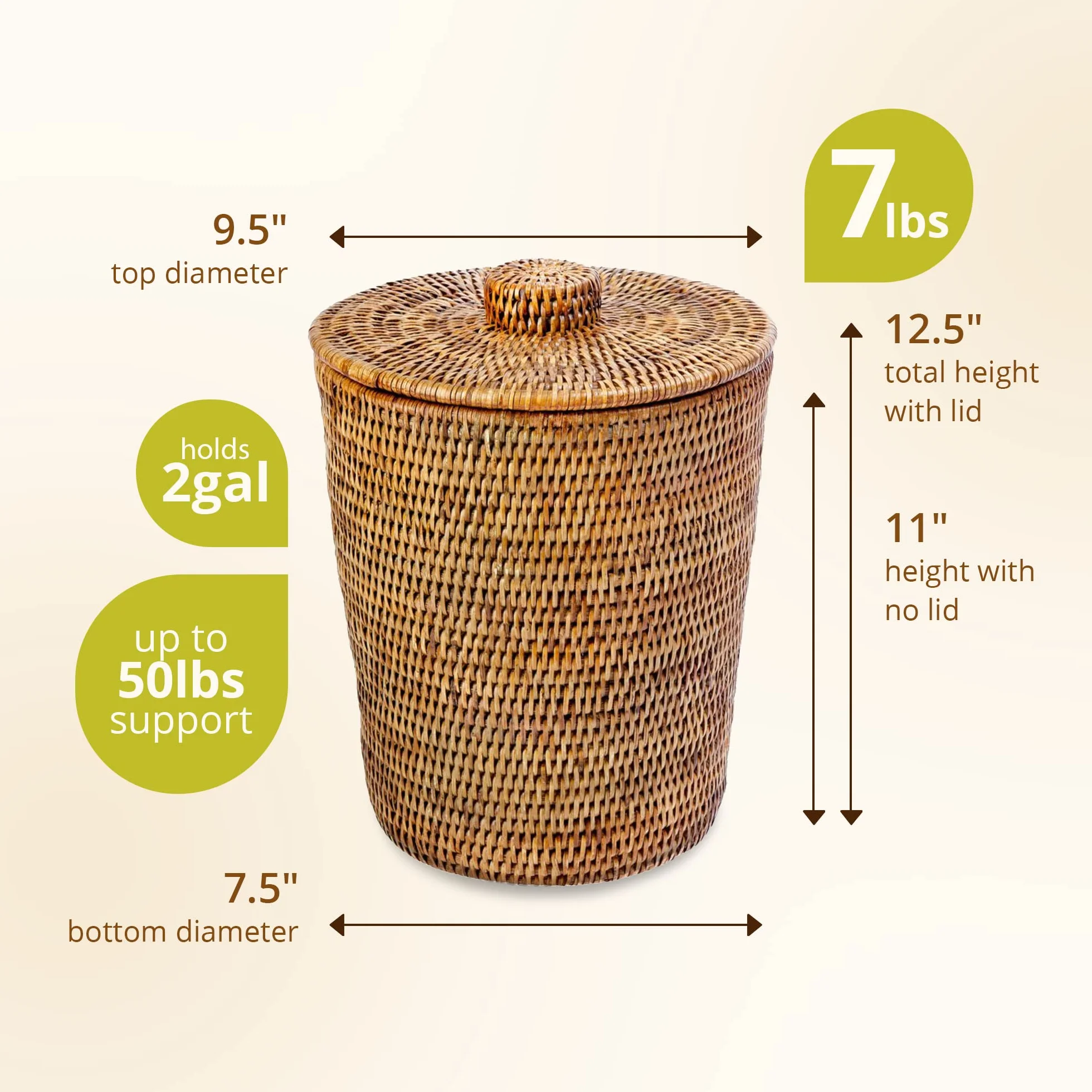 Kouboo La Jolla - Cestino rotondo in rattan con inserto e coperchio in plastica, colore: Marrone miele