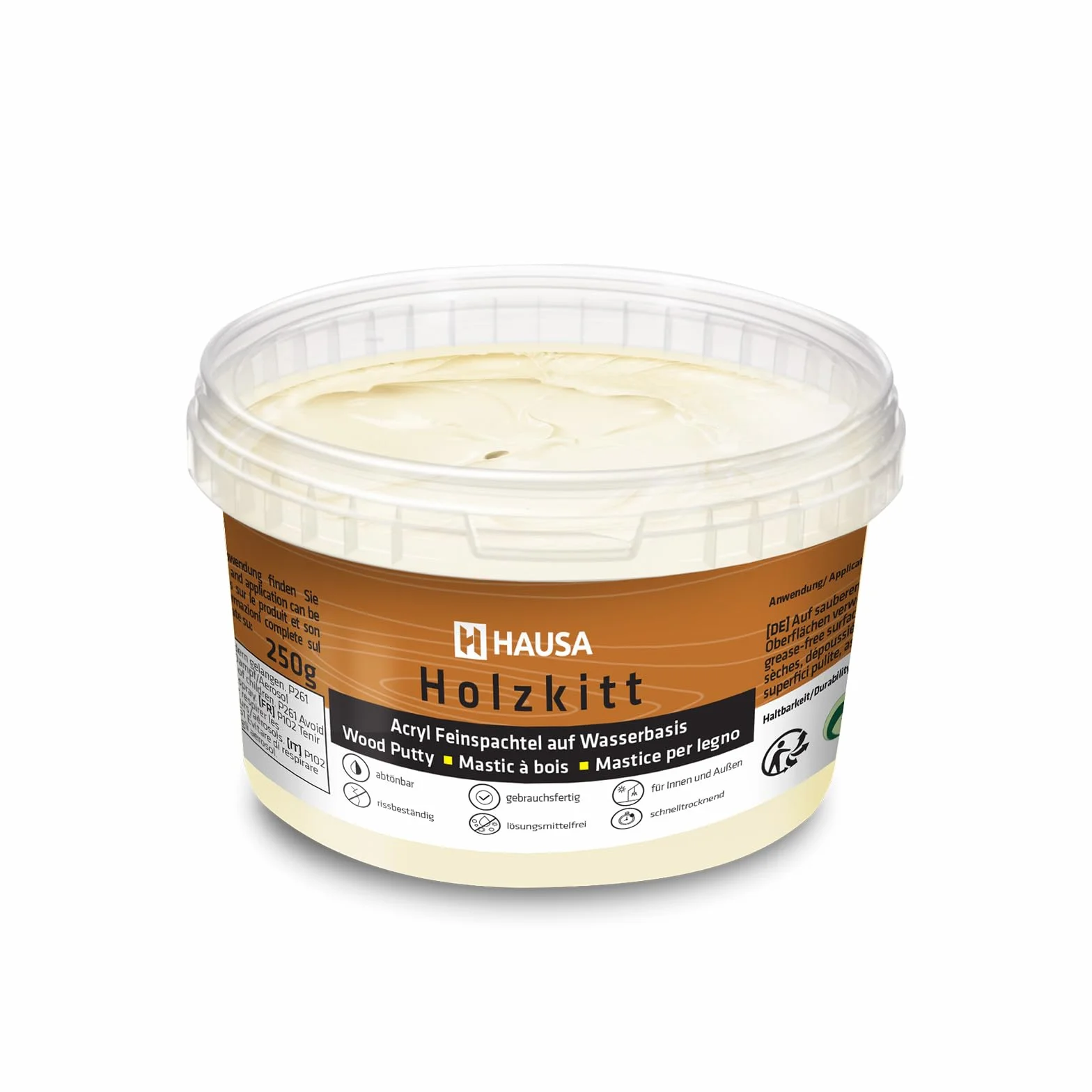 HAUSA Stucco per legno 250 g, stucco per legno di abete, kit per legno, stucco/impasto per legno per riparare danni al legno, pronto all'uso, eccellente potere riempitivo, asciugatura rapida