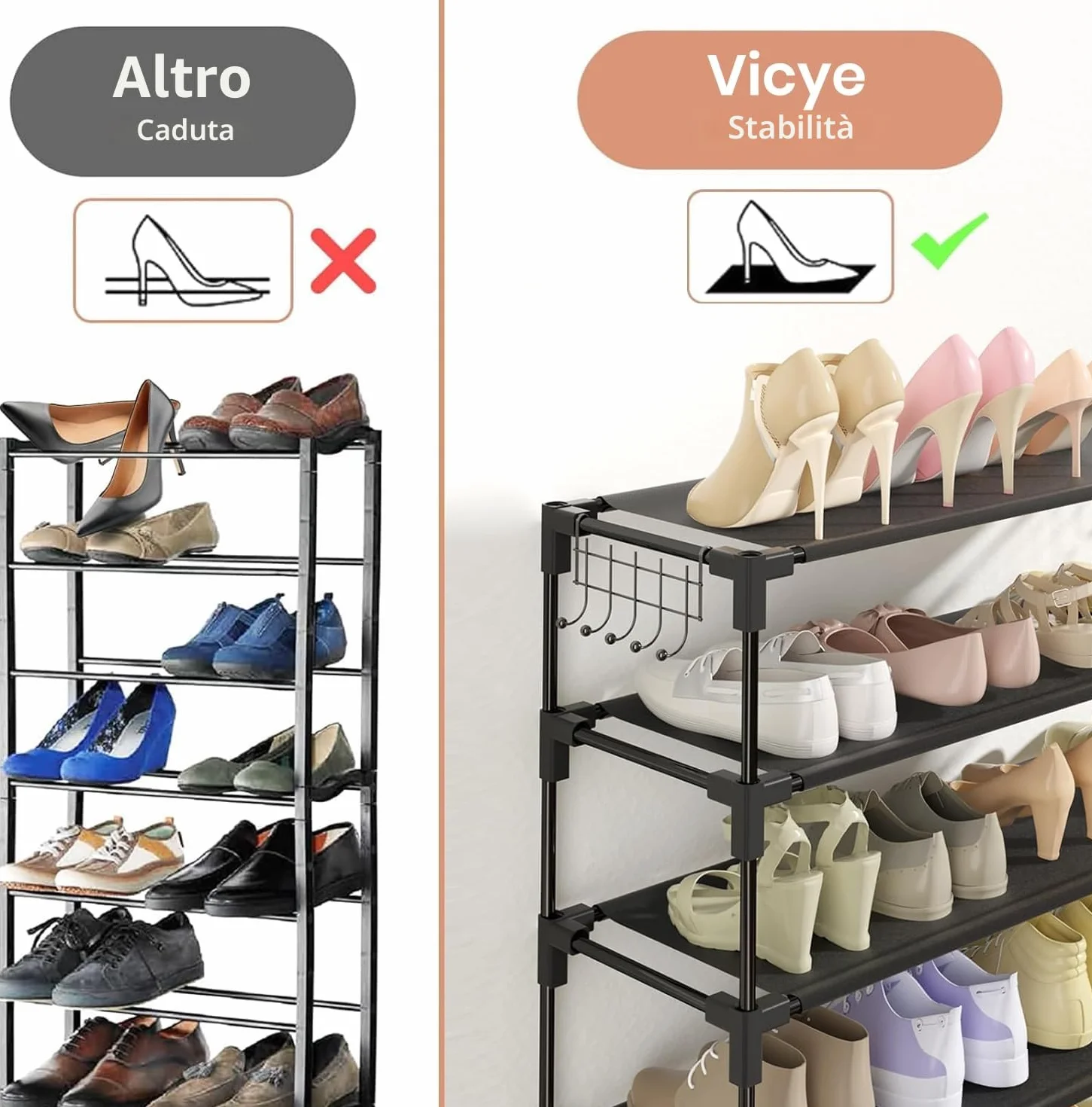 Vicye Scarpiera a 10 Ripiani, Scaffale Portascarpe in Metallo per 50 Paia di Scarpe, Scarpiera Armadio Verticale Nera, Organizzatore per Scarpe Alta per Ingresso, Soggiorno e Corridoio