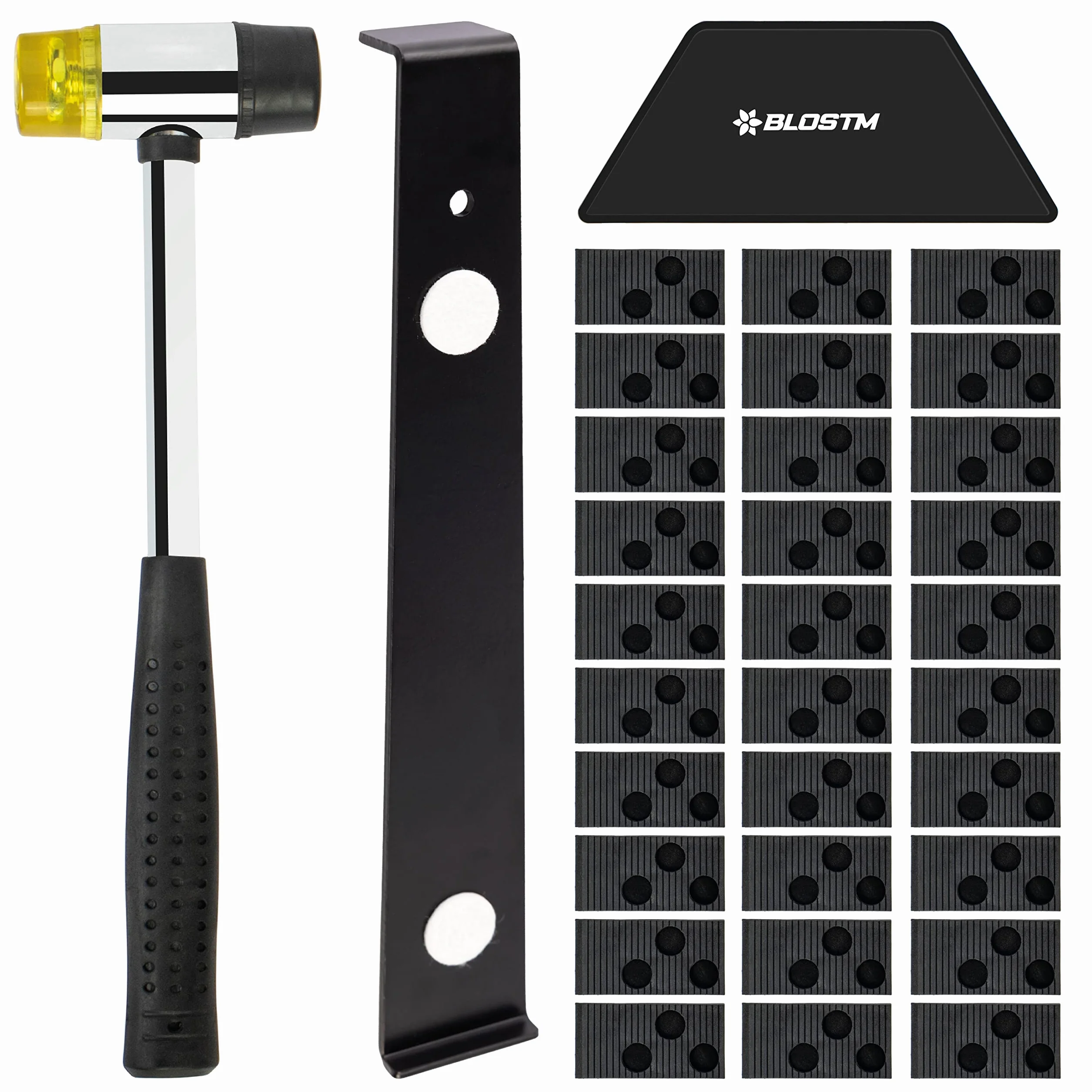 BLOSTM Kit Montaggio Laminato - 30 Distanziatori Pavimento, Martello di Gomma a Doppia Faccia, Robusto Blocco per Maschiare, Barra di Trazione Incastro in Acciaio