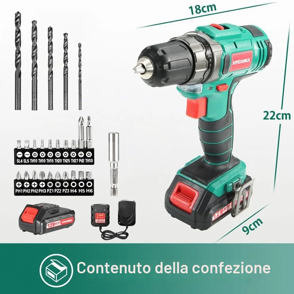 HYCHIKA Trapano Avvitatore Batteria 12V, Avvitatore a Batteria 30 Nm, 21+1 Impostazioni Di Coppia, 2 Velocità Regolabili, 26 Accessori, Luce LED, Adatto per il fai da te in casa e in giardino