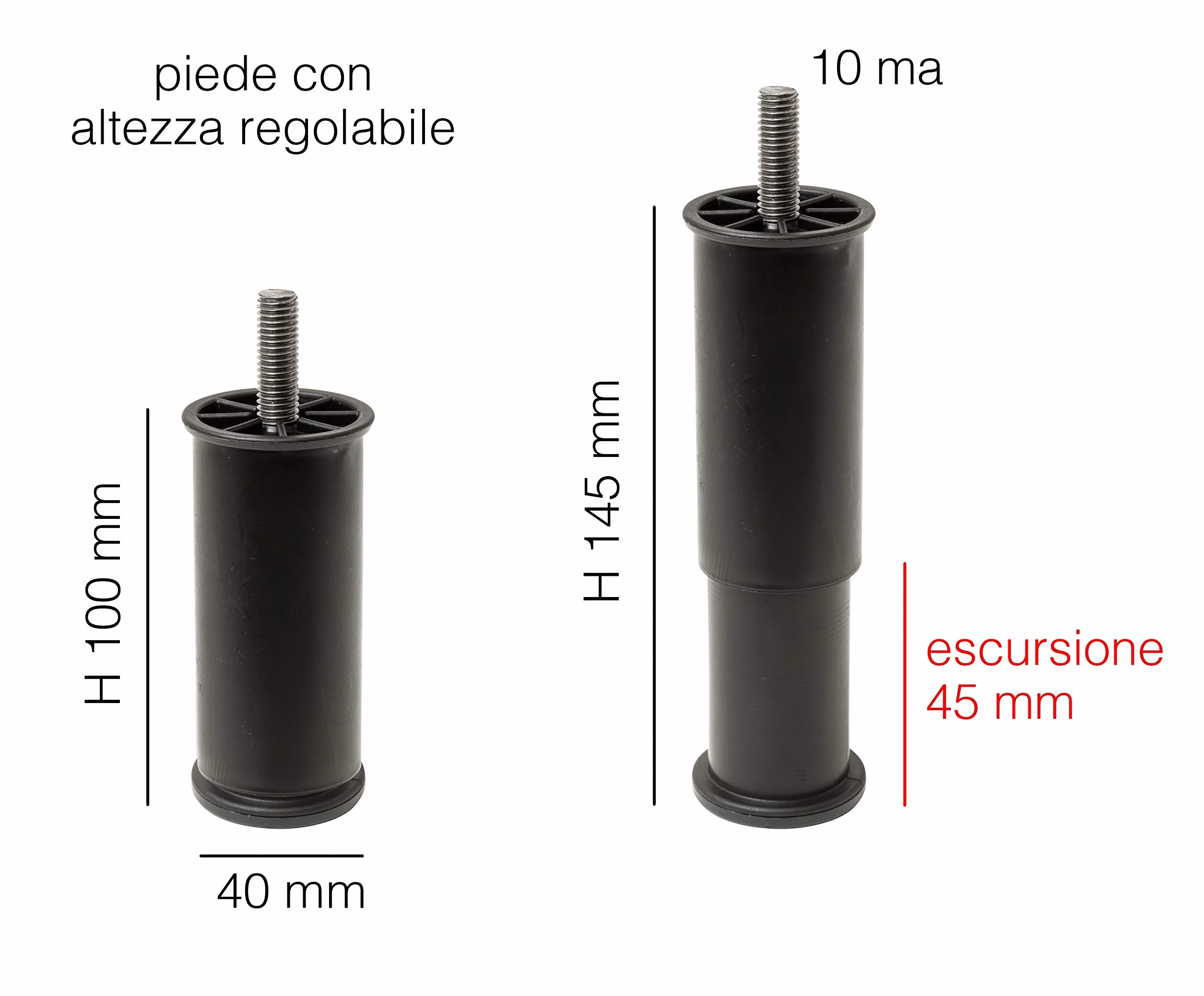 IPEA 4X Piedini Regolabili per Mobili, Cucina, Divano, Armadi – Set di 4 Gambe Allungabili in Altezza da 100 a 145 mm – Piedi Colore Nero – 45 millimetri di Allungamento