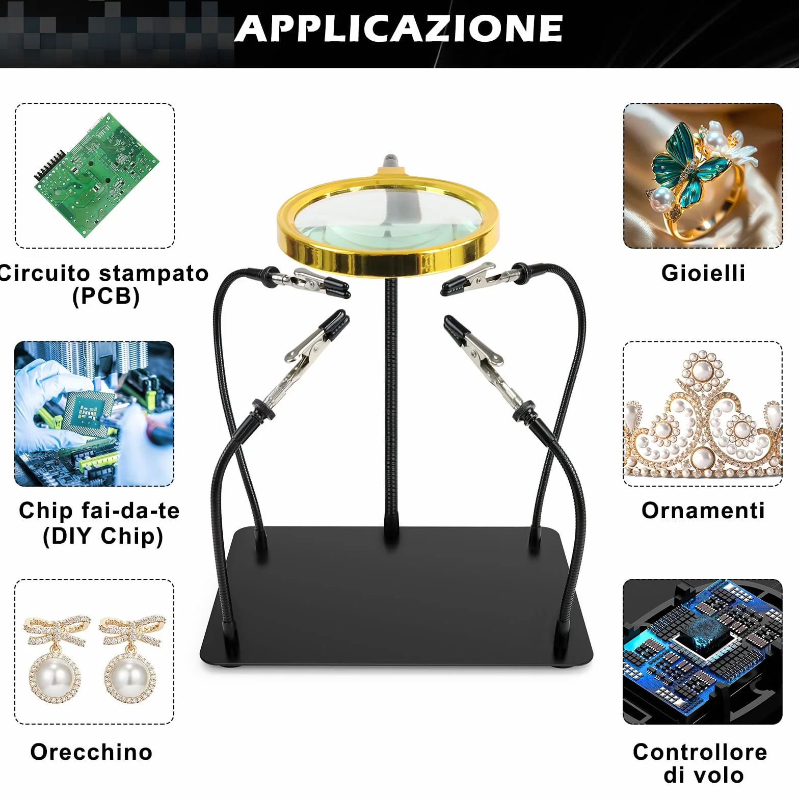 Terza Mano Saldatura con 3x Lente di Ingrandimento, Accessori per Modellismo, tonhui Supporto per Saldatura su Schede, Stazione di Aiuto a Quattro Braccia per Gioielleria, Hobby e Lavori Manuali