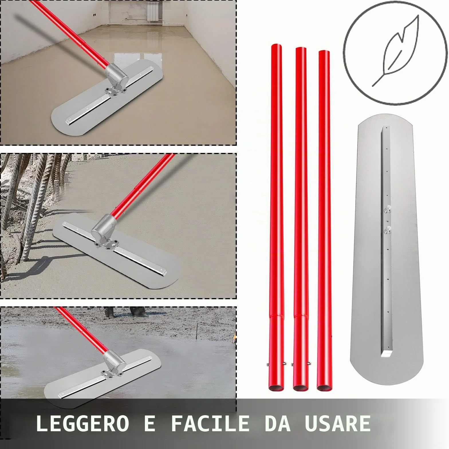 VEVOR Truelle de Maçon 1200x200 mm Bull Float, Grande Taloche Couteau à Enduire avec 3 Poignées de 1800 mm, Spatule PRO