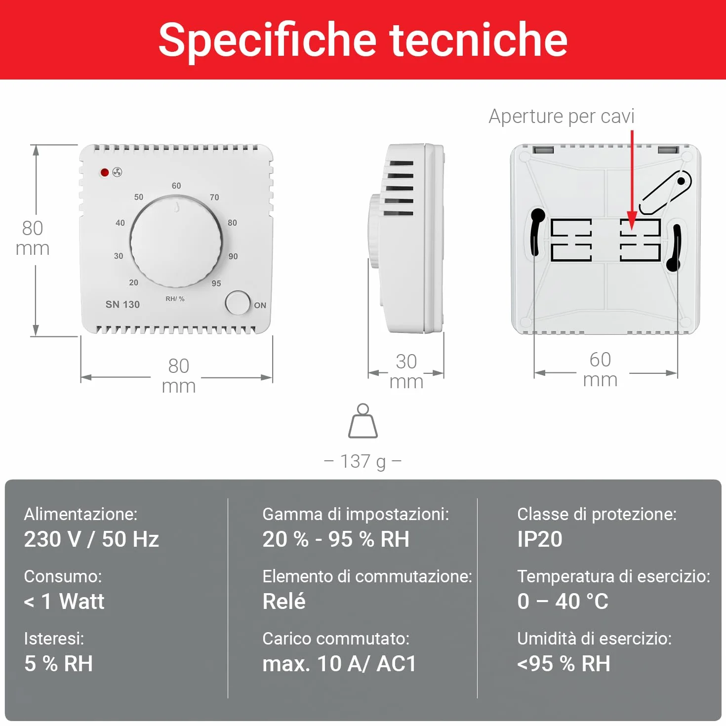 Sensore di umidità ELEKTROBOCK SN130 per il controllo automatico del ventilatore | bagno, lavanderia e cantina | rilevamento ed eliminazione dell'umidità in eccesso