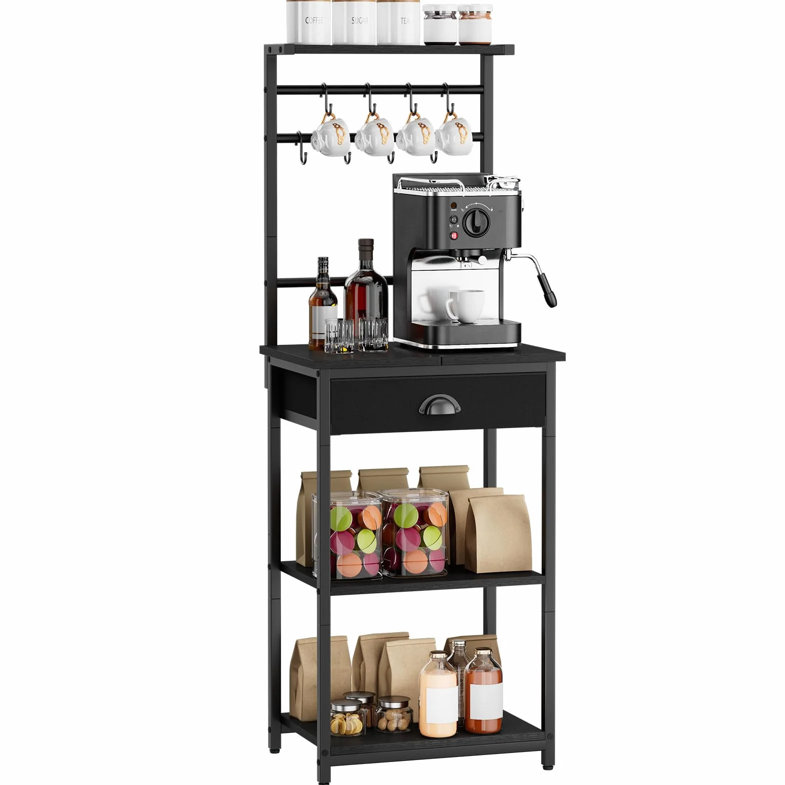YMYNY Scaffale da Cucina, Porta-caffè in legno a 5 livelli, Scaffale per macchina del caffè, Organizzatore di 12 ganci, Cassetti in tessuto, 33 x 43 x 134,5 cm, per Soggiorno, Ufficio, Nero HBR009B