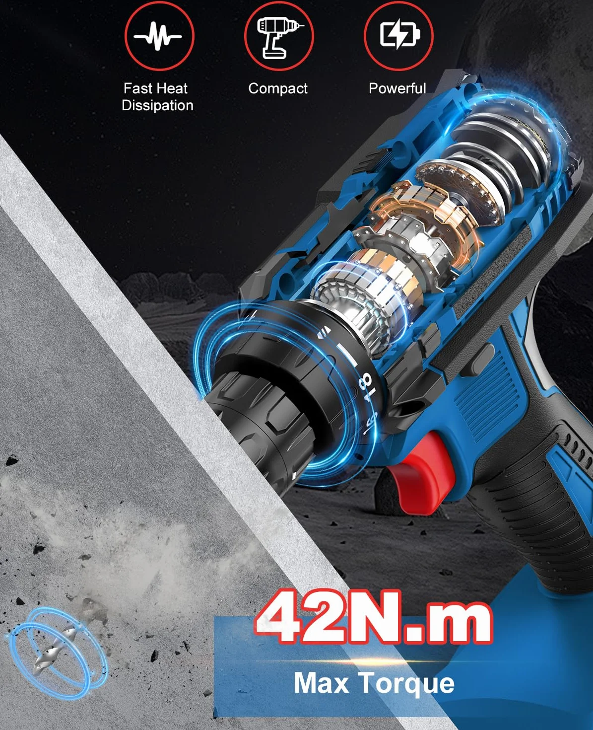 Trapano Avvitatore Batteria 21V, Avvitatore a Batteria con Batterie da 2.0Ah, 42N.m di Coppia, 2 Velocità, 18+1 Coppia, 22 Accessori, Luce a LED, Per il fai da te, in Casa e Giardino, Blu